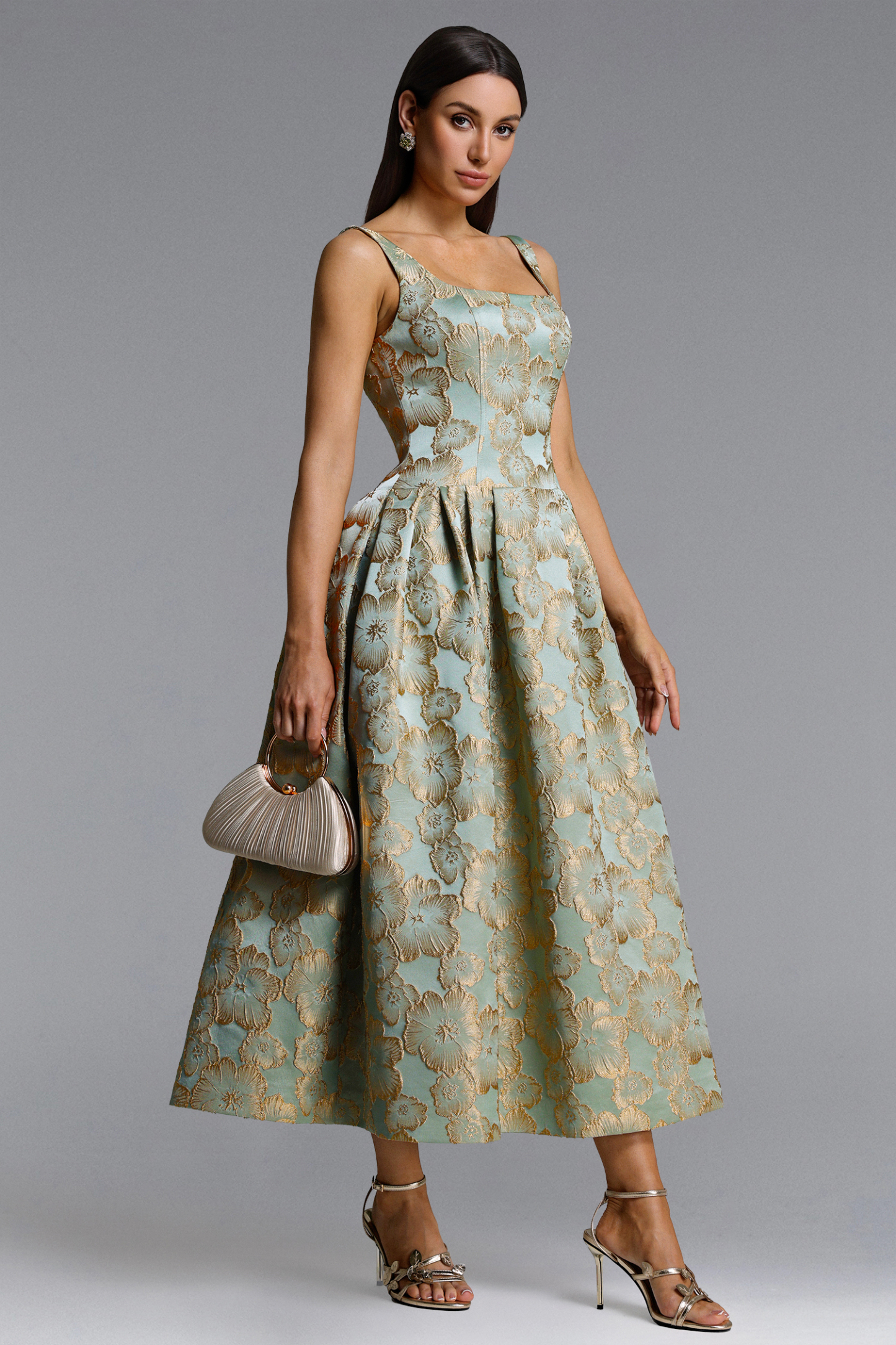 Kerta Elegant Tailored Square Neck Jacquard Pleated Floral Maxi Dress