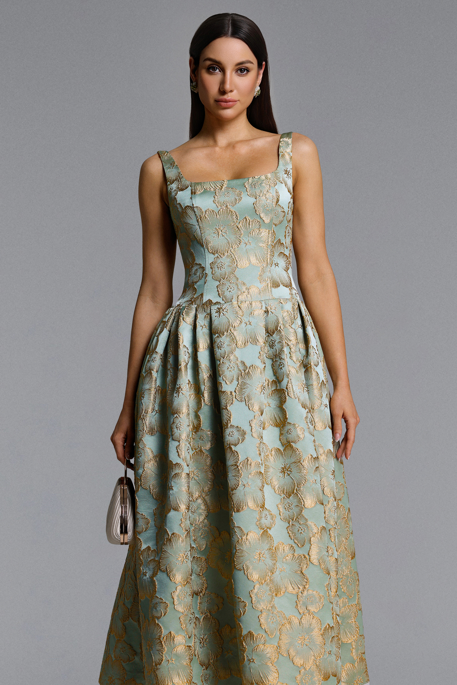 Kerta Elegant Tailored Square Neck Jacquard Pleated Floral Maxi Dress