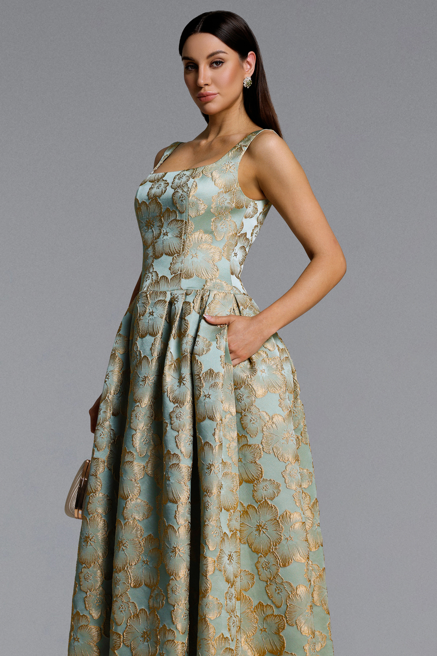 Kerta Elegant Tailored Square Neck Jacquard Pleated Floral Maxi Dress