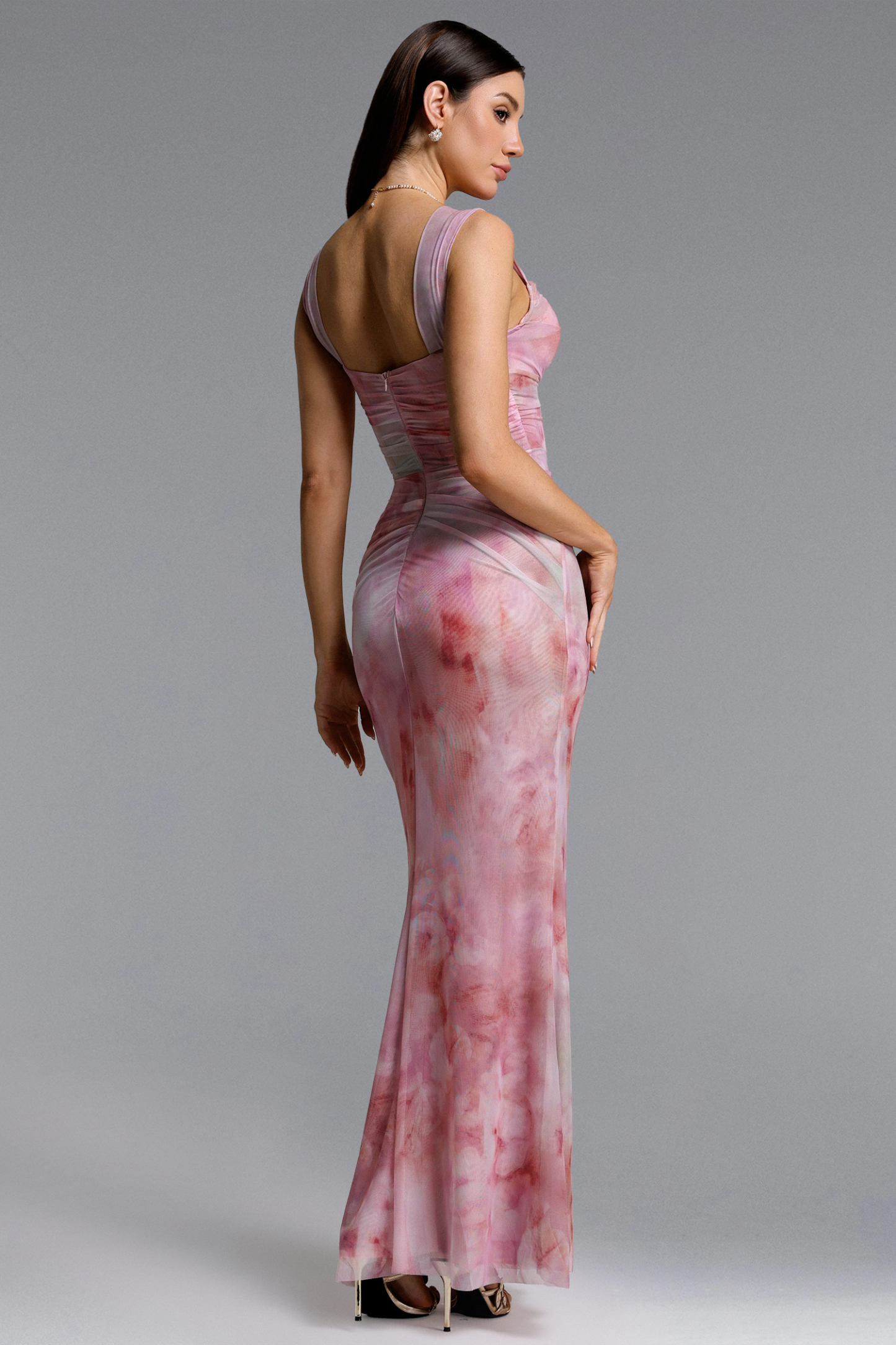 Pinky Romantic Contour Off Shoulder Ruched Print Maxi Dress