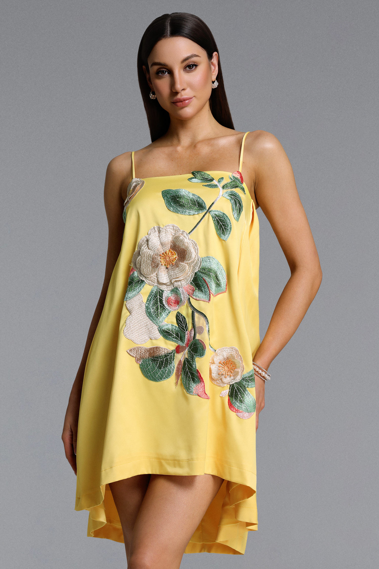 Prunella Romantic Flowy Sleeveless Floral Embroidered Mini Dress