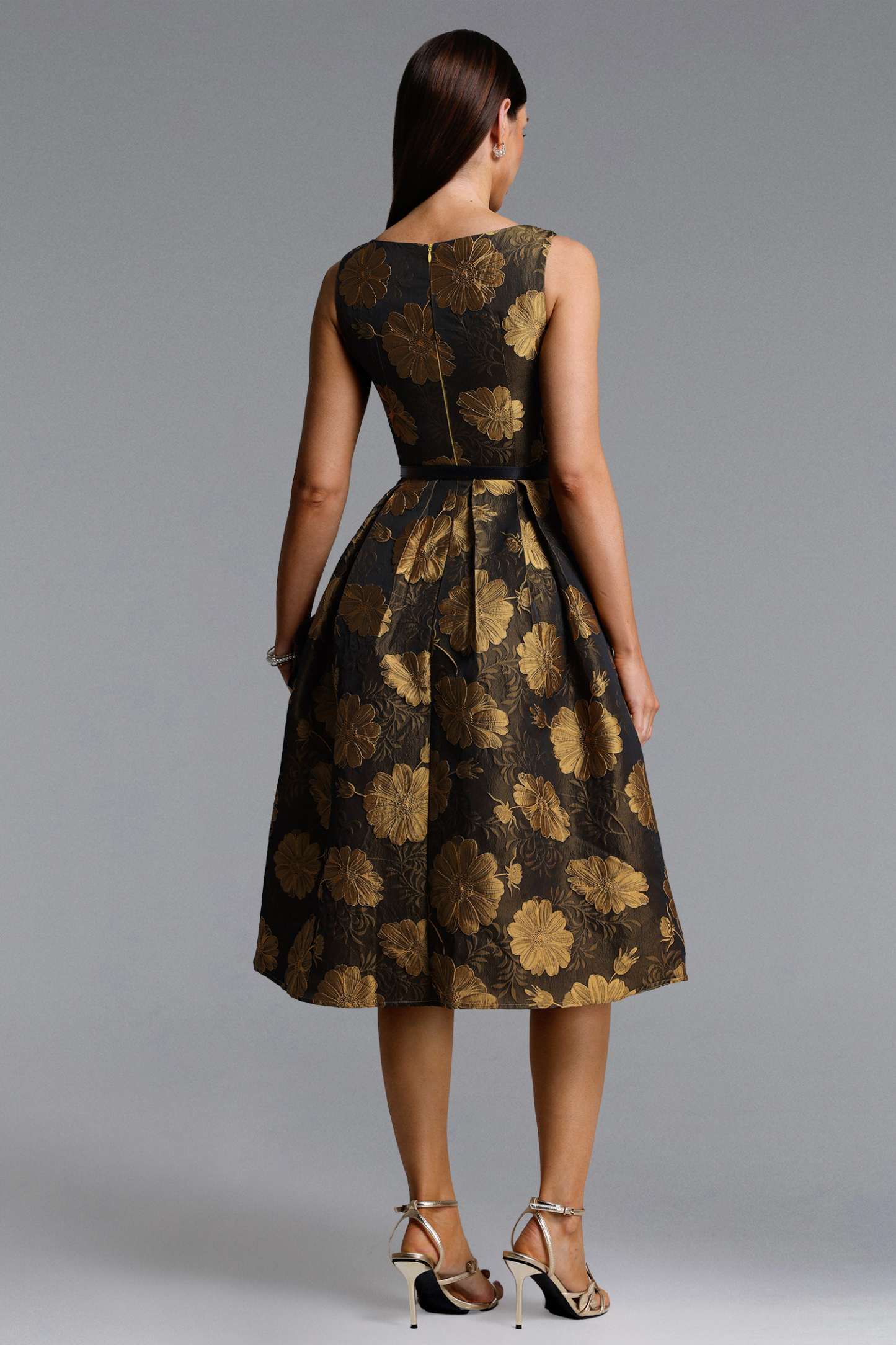 Glera Elegant Tailored Sleeveless Square Neck Pleated Floral Midi Dress