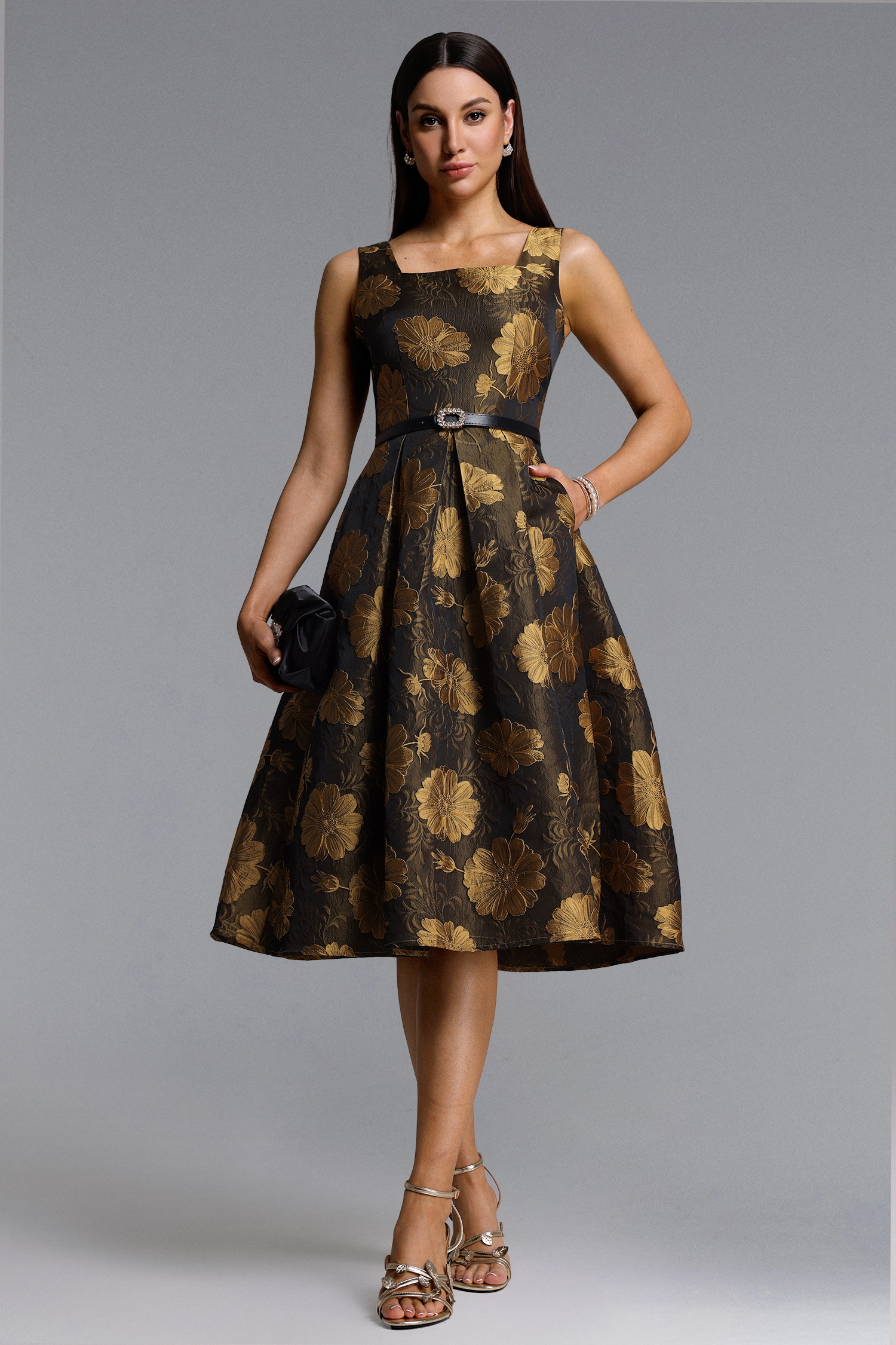 Glera Elegant Tailored Sleeveless Square Neck Pleated Floral Midi Dress