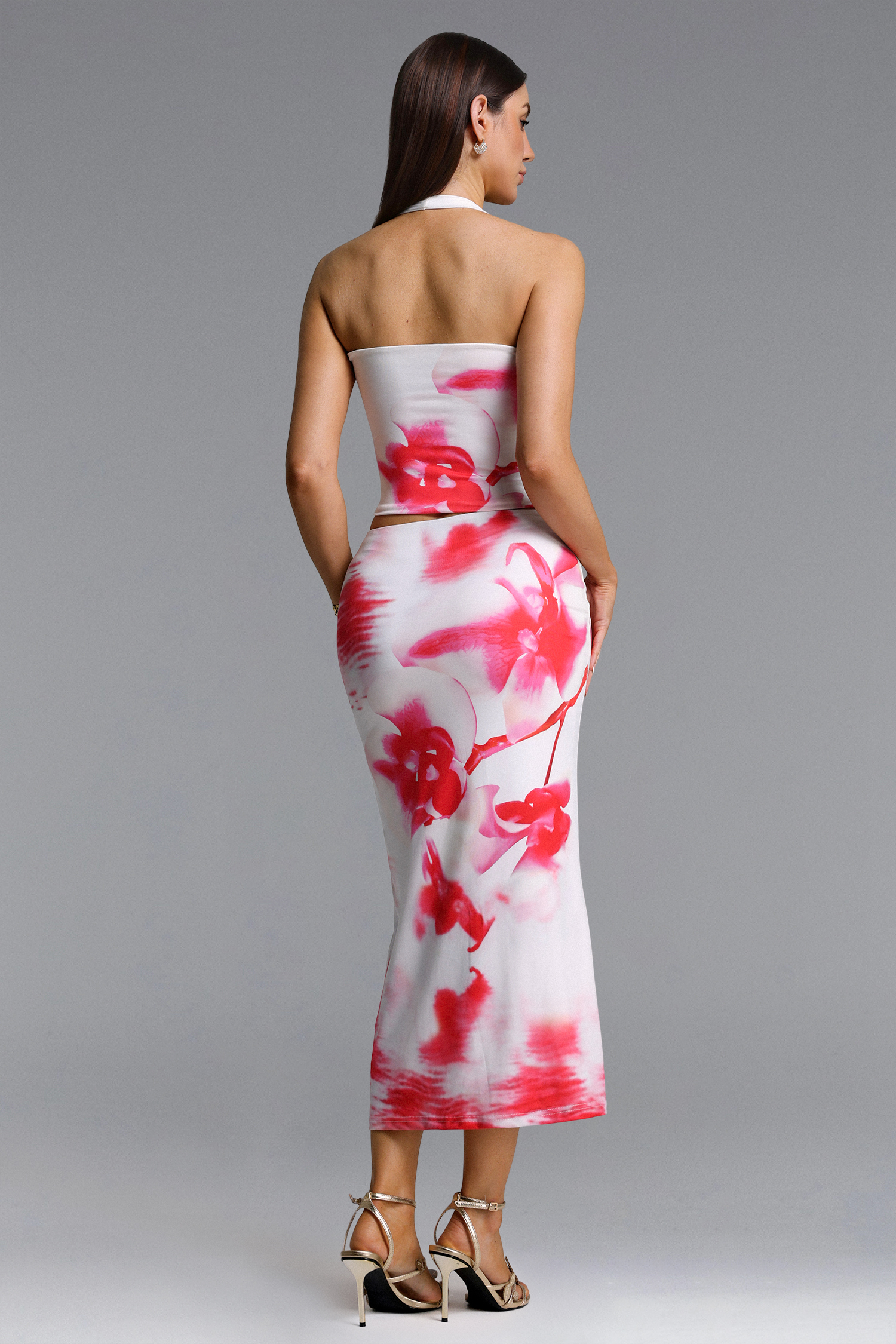 Gerasa Chic Contour Halter Floral Print Top and Skirt Set