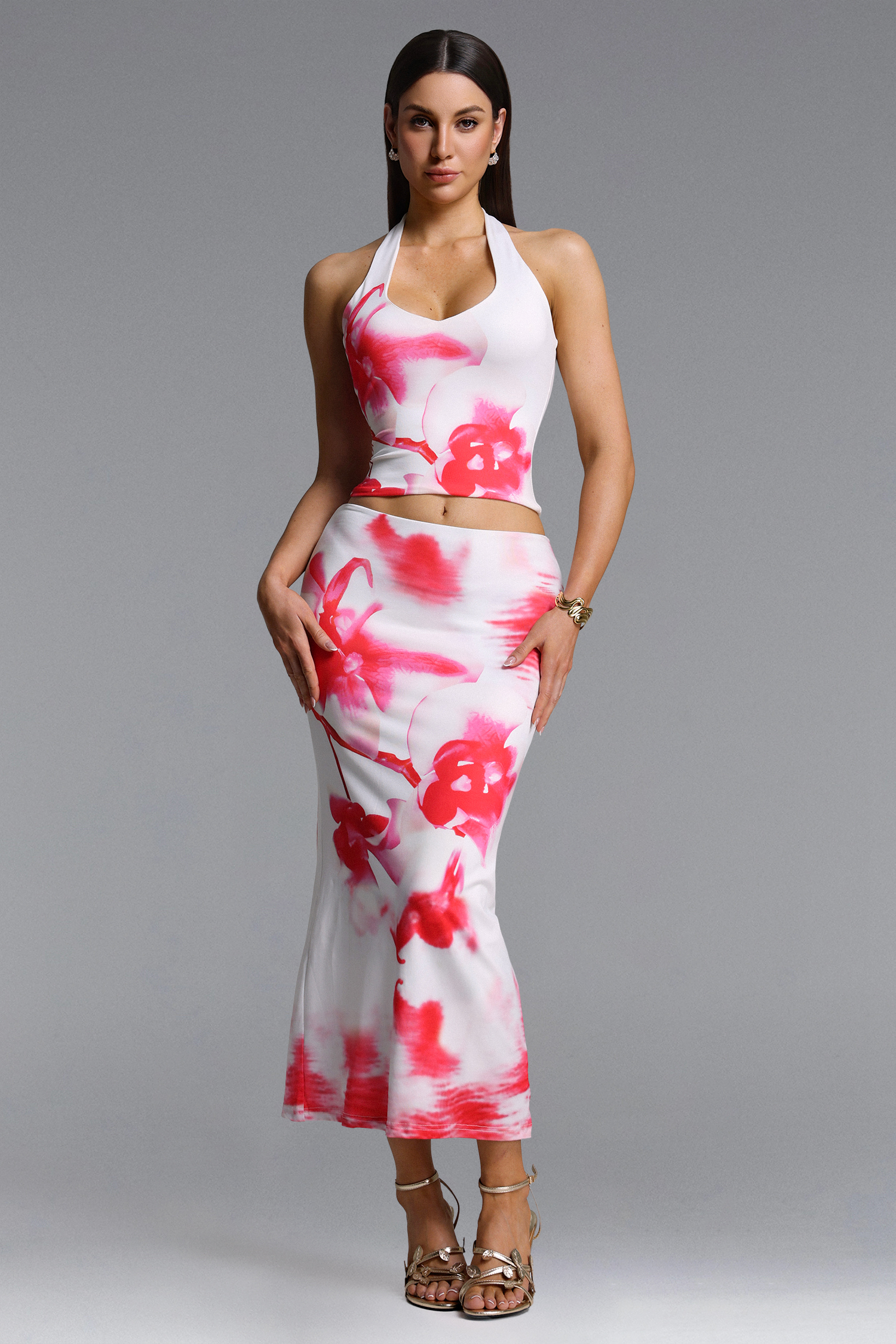 Gerasa Chic Contour Halter Floral Print Top and Skirt Set