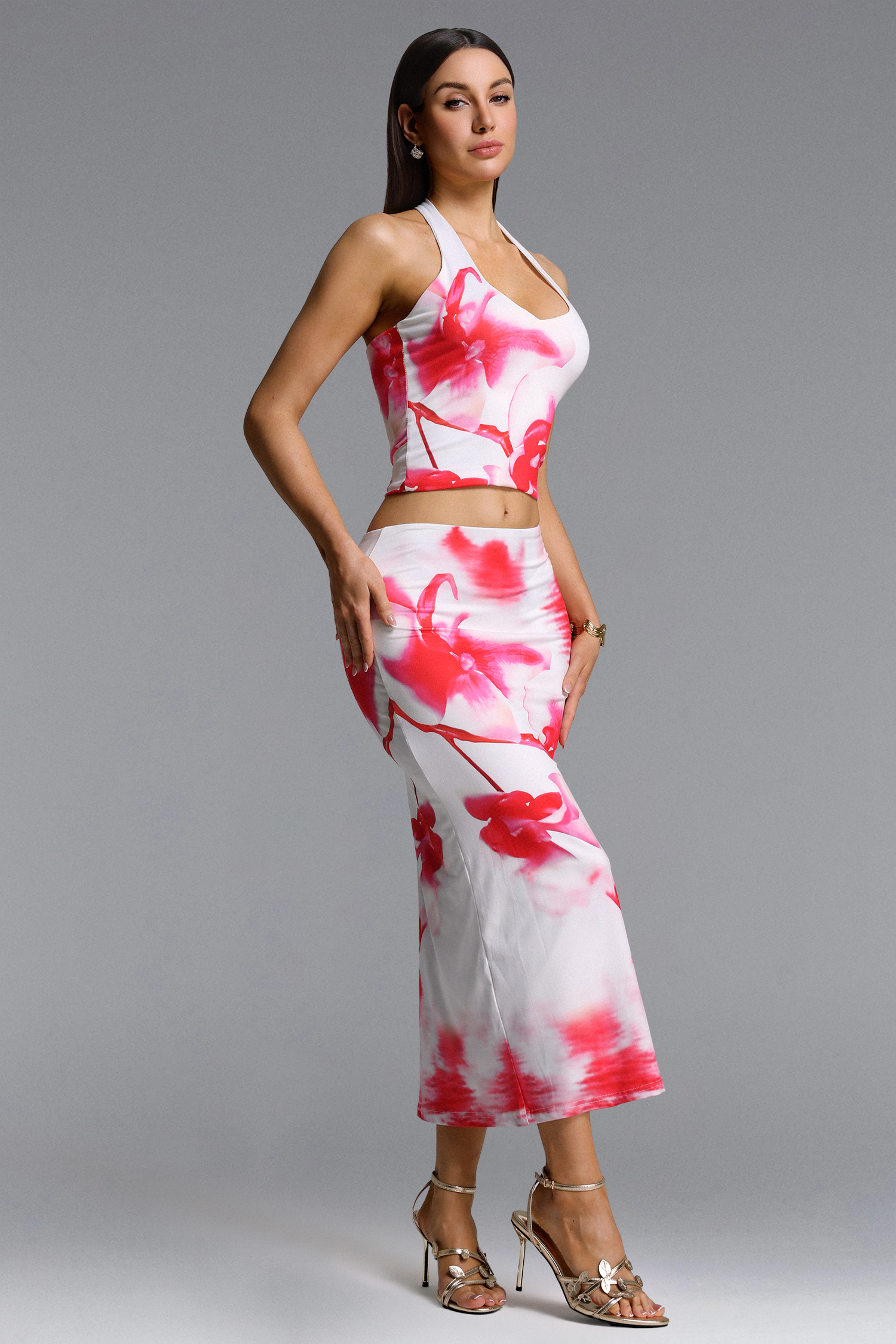 Gerasa Chic Contour Halter Floral Print Top and Skirt Set