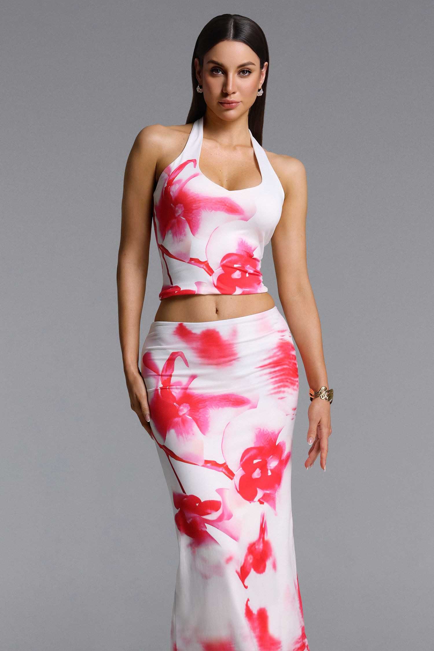 Gerasa Chic Contour Halter Floral Print Top and Skirt Set