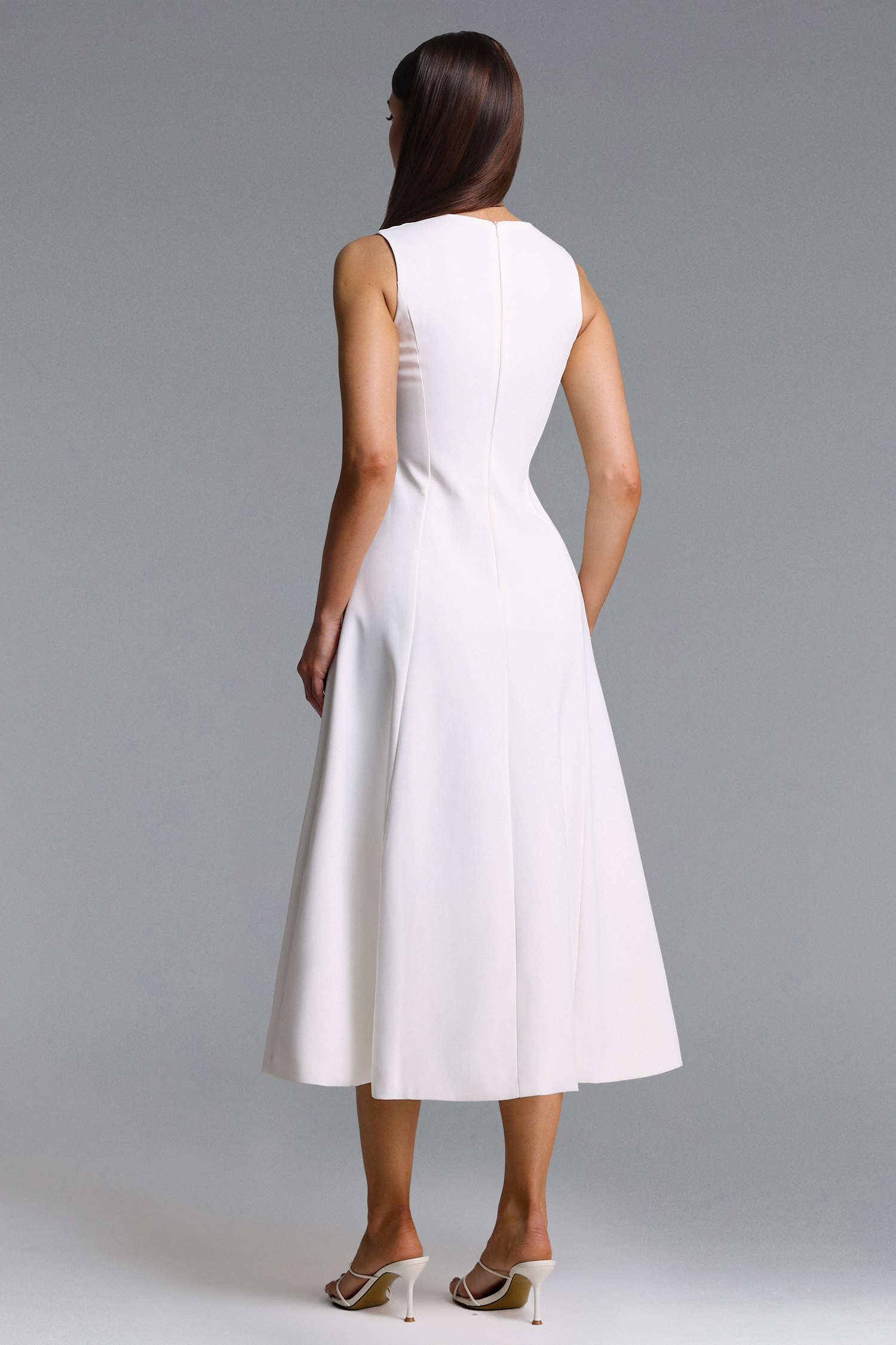 Romia Elegant Tailored Sleeveless Floral Embroidered White Maxi Dress