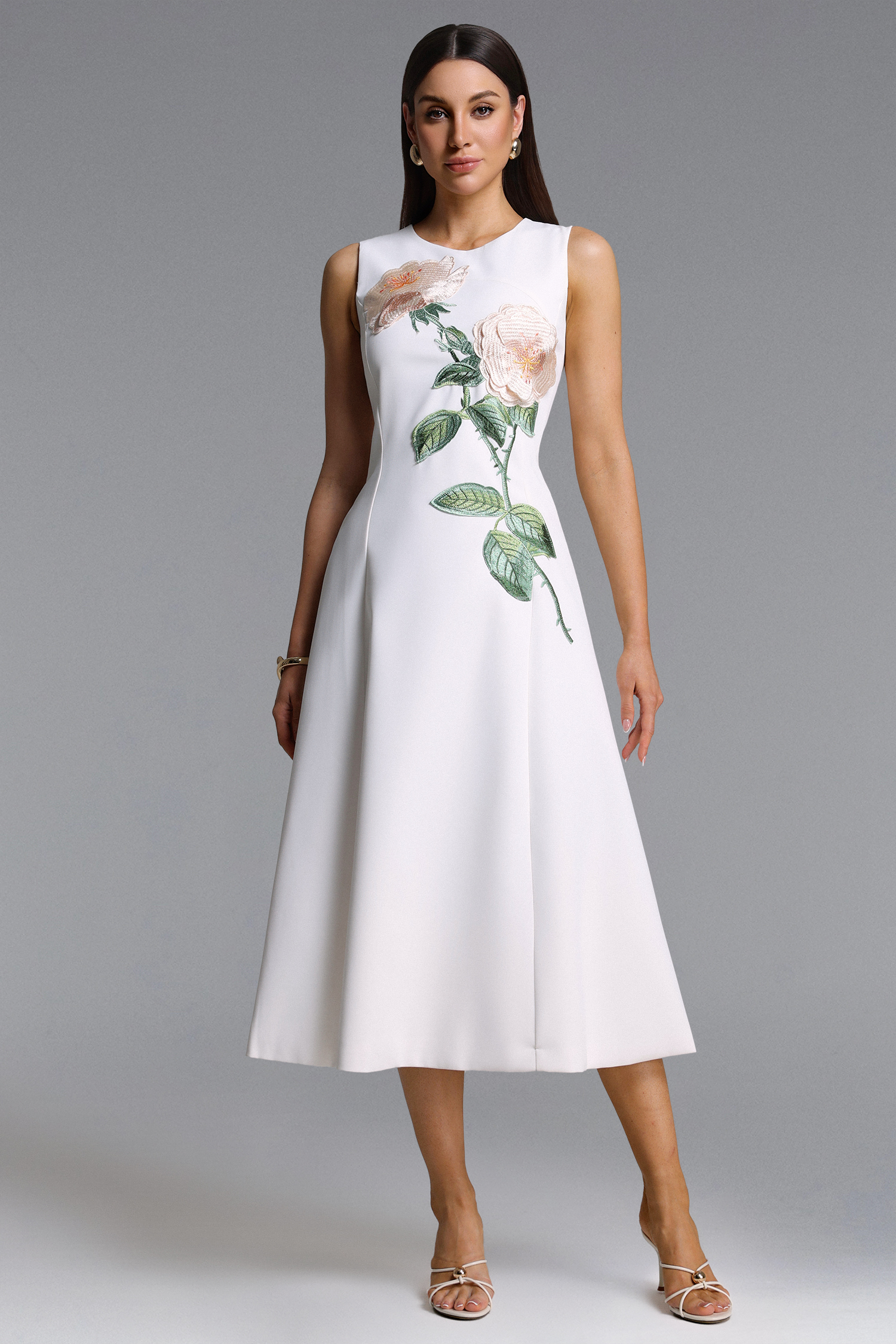 Romia Elegant Tailored Sleeveless Floral Embroidered White Maxi Dress