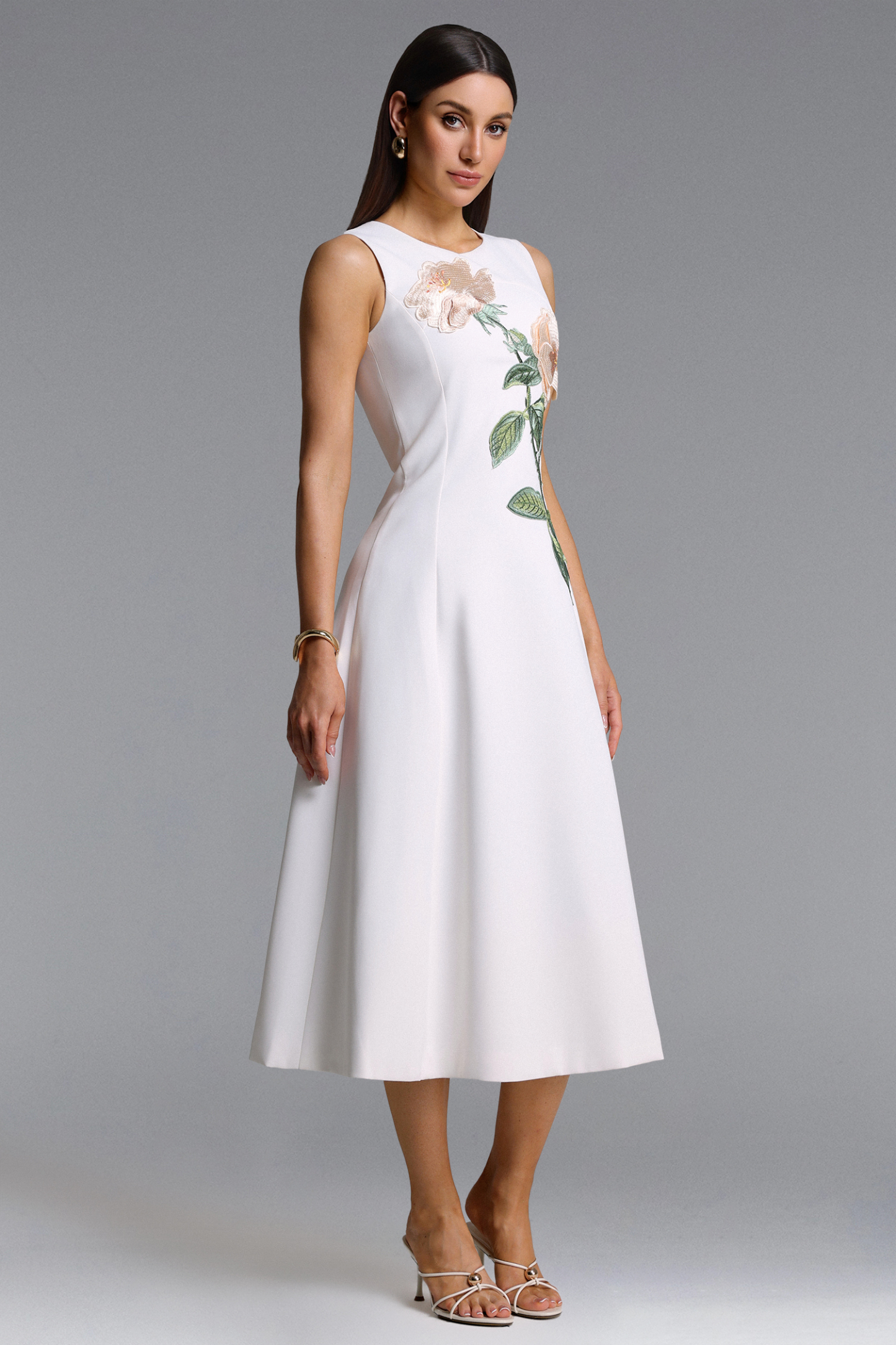 Romia Elegant Tailored Sleeveless Floral Embroidered White Maxi Dress