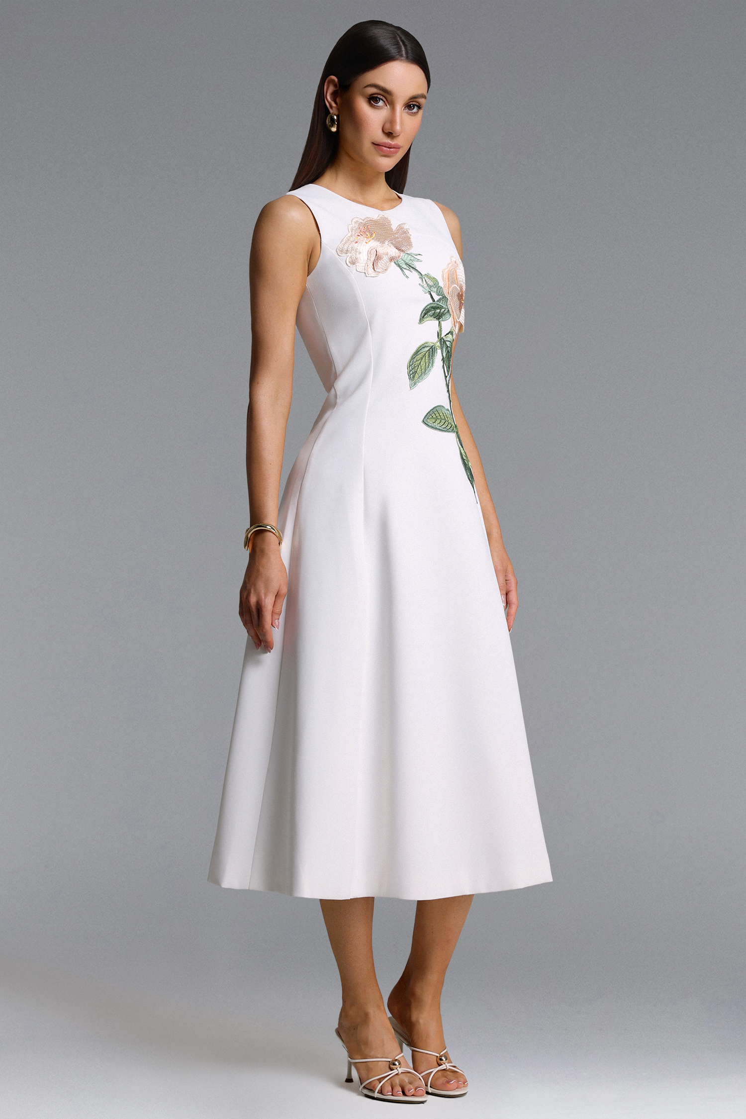 Romia Elegant Tailored Sleeveless Floral Embroidered White Maxi Dress