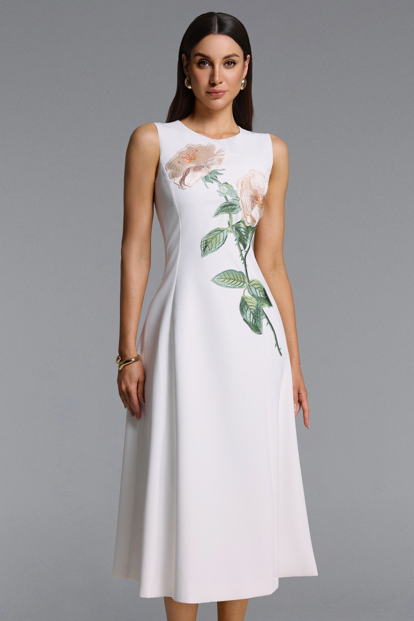 Romia Elegant Tailored Sleeveless Floral Embroidered White Maxi Dress