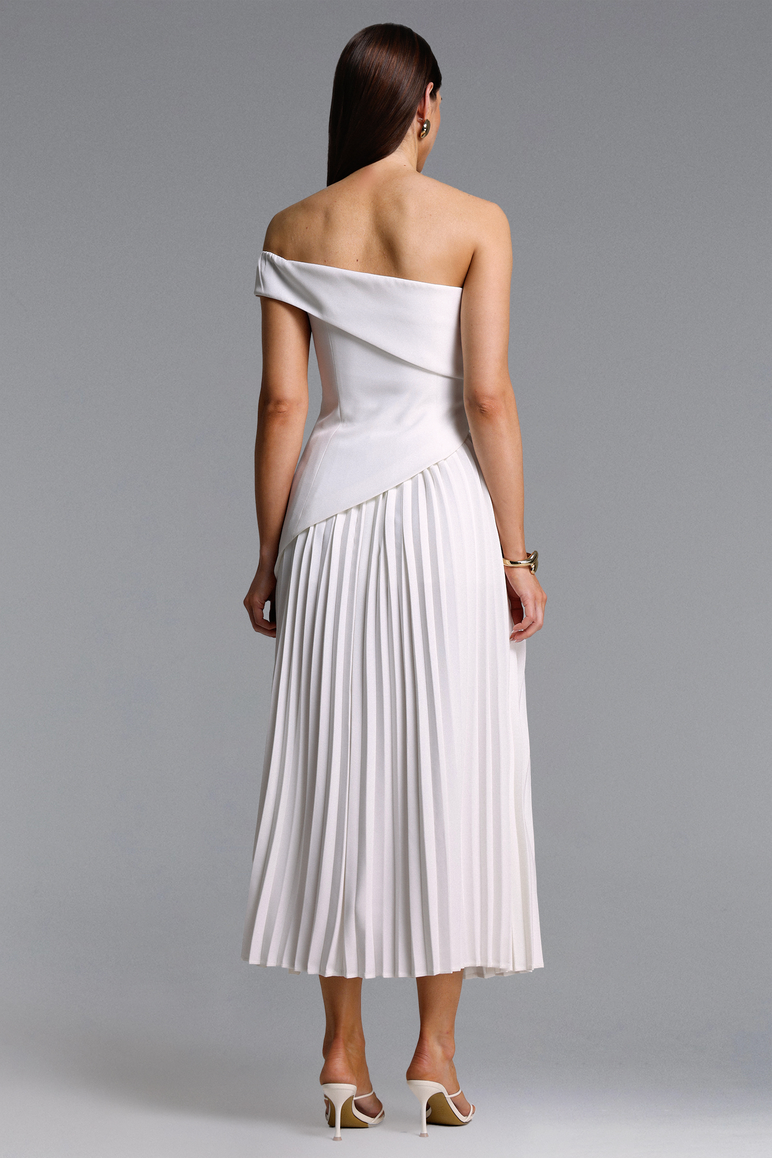 Vickee Elegant Tailored Off Shoulder Asymmetric Pleated Maxi Dress
