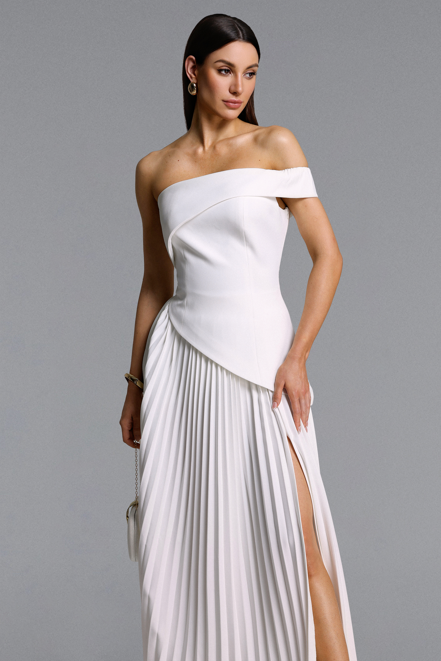 Vickee Elegant Tailored Off Shoulder Asymmetric Pleated Maxi Dress