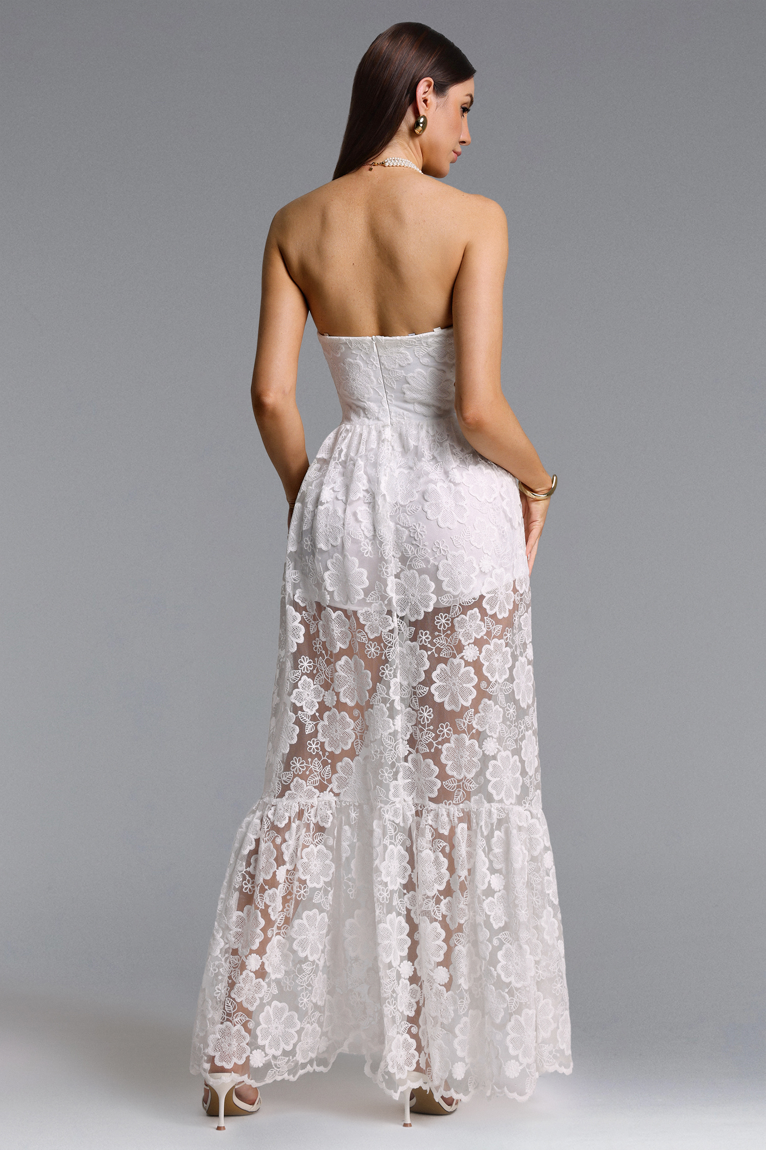 Wila Elegant Flowy Strapless Floral Applique  Lace Maxi Dress