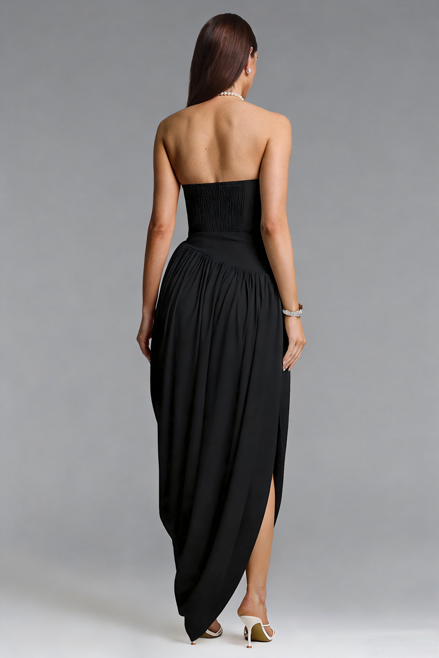 Luysa Elegant Contour Strapless Ruched Knit Black Maxi Dress
