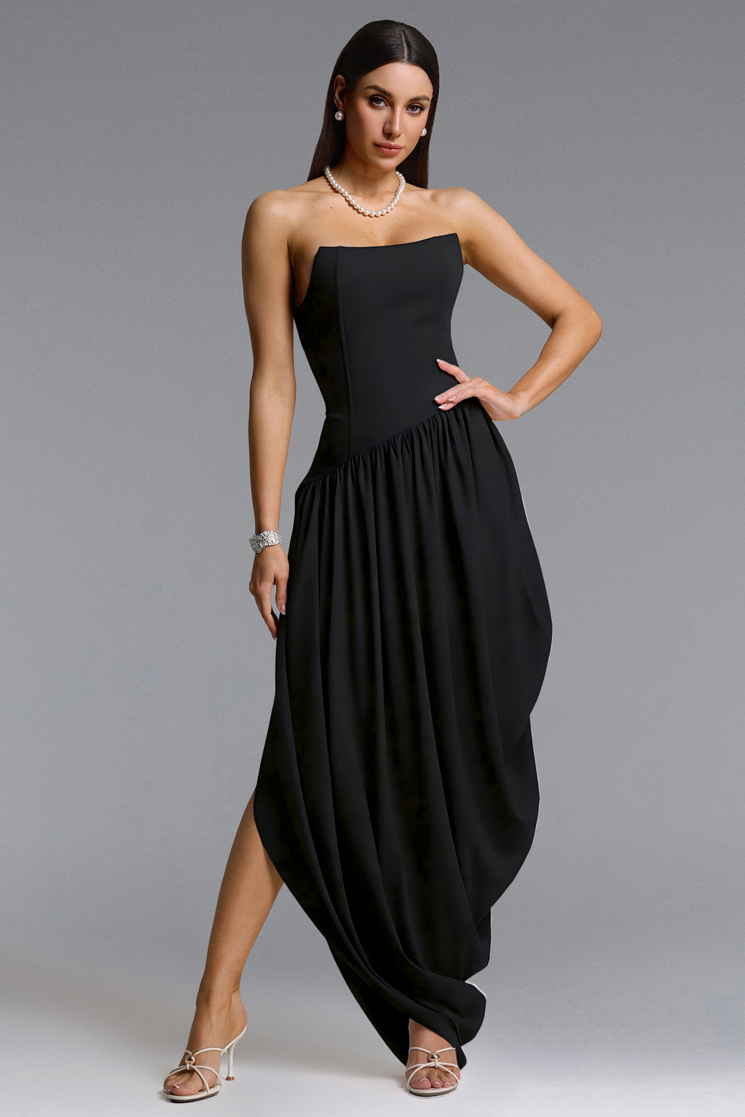 Luysa Elegant Contour Strapless Ruched Knit Black Maxi Dress