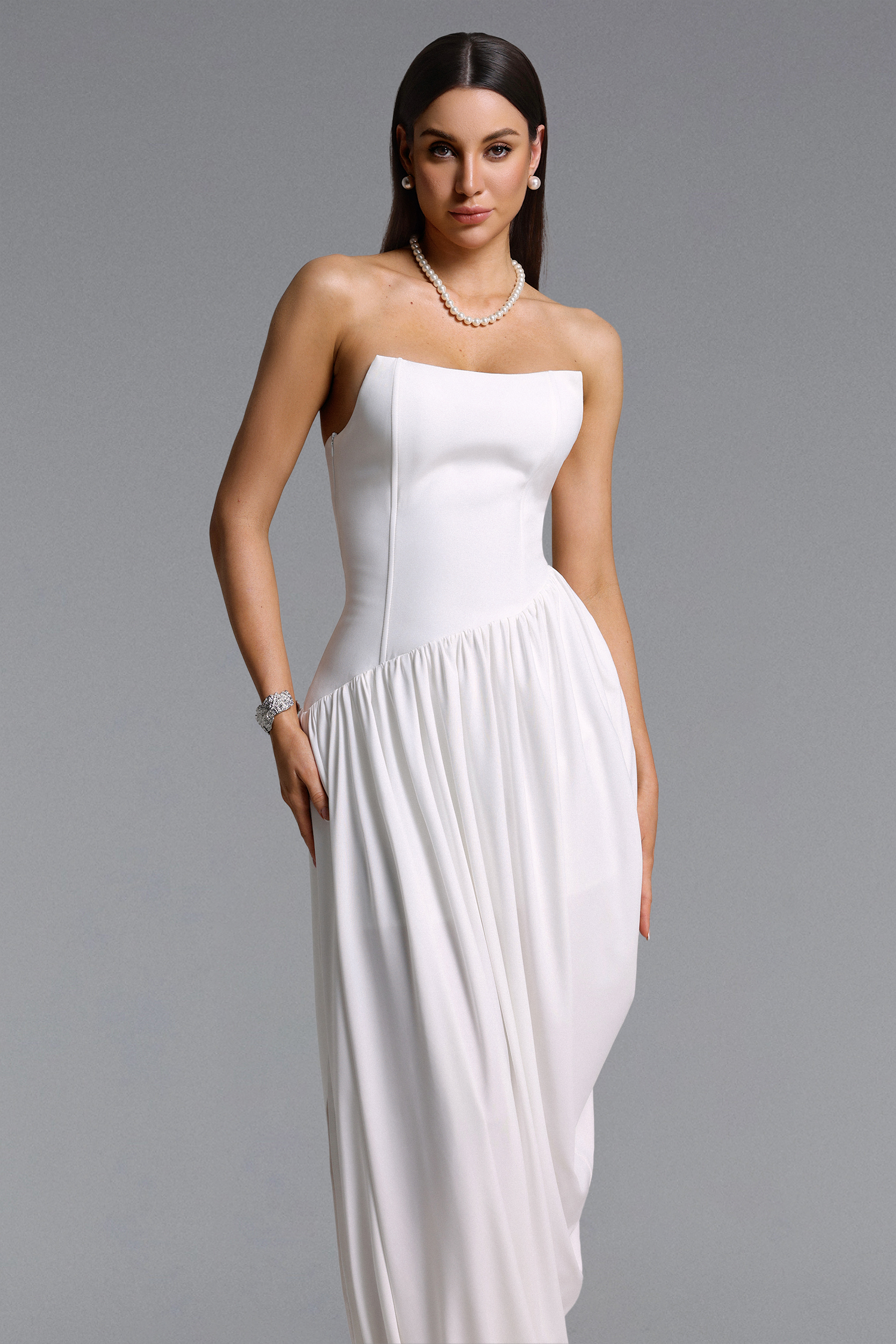 Luysa Elegant Contour Strapless Ruched Knit Maxi Dress