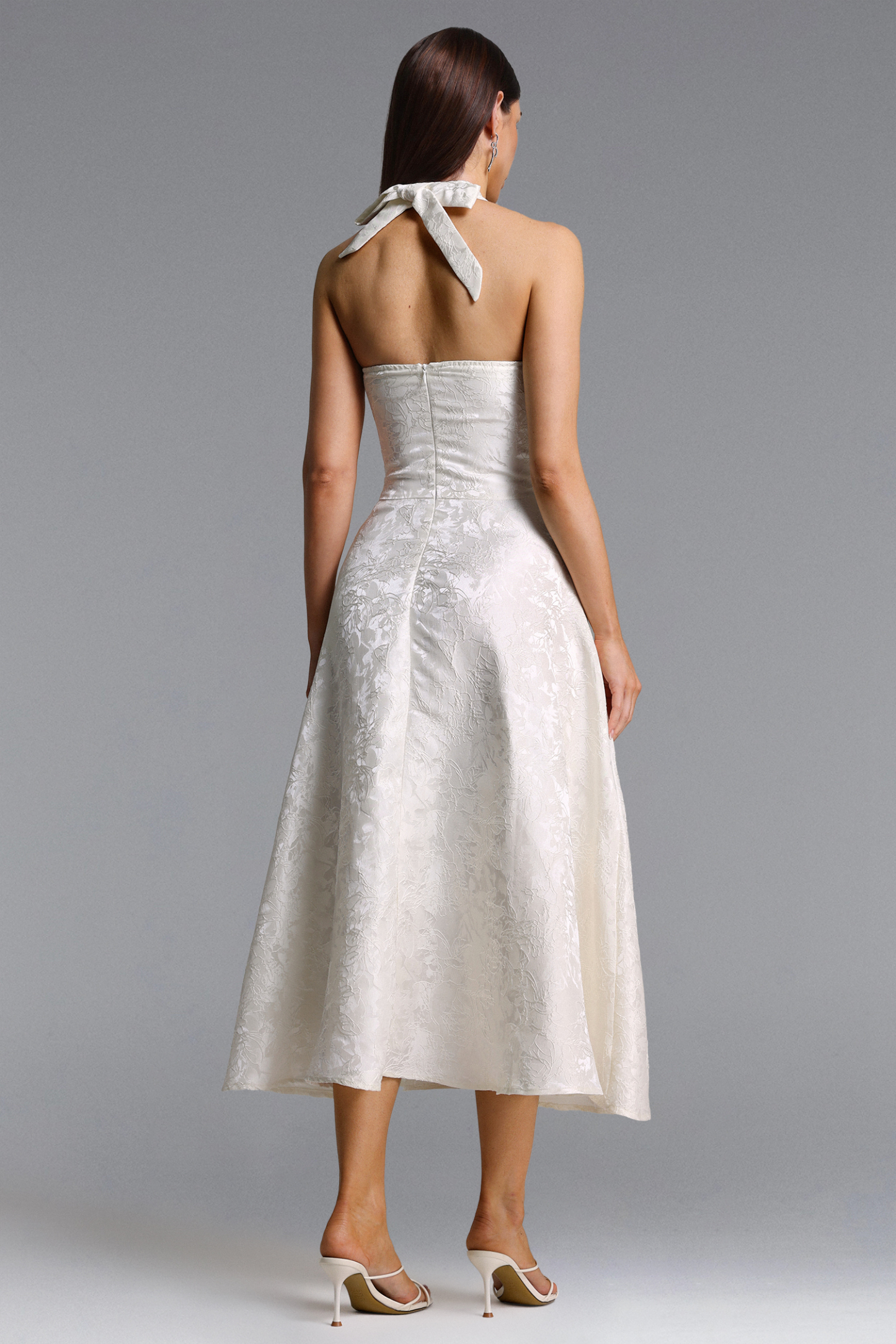 Egbert Elegant Tailored Halter V Neck Jacquard Maxi Dress