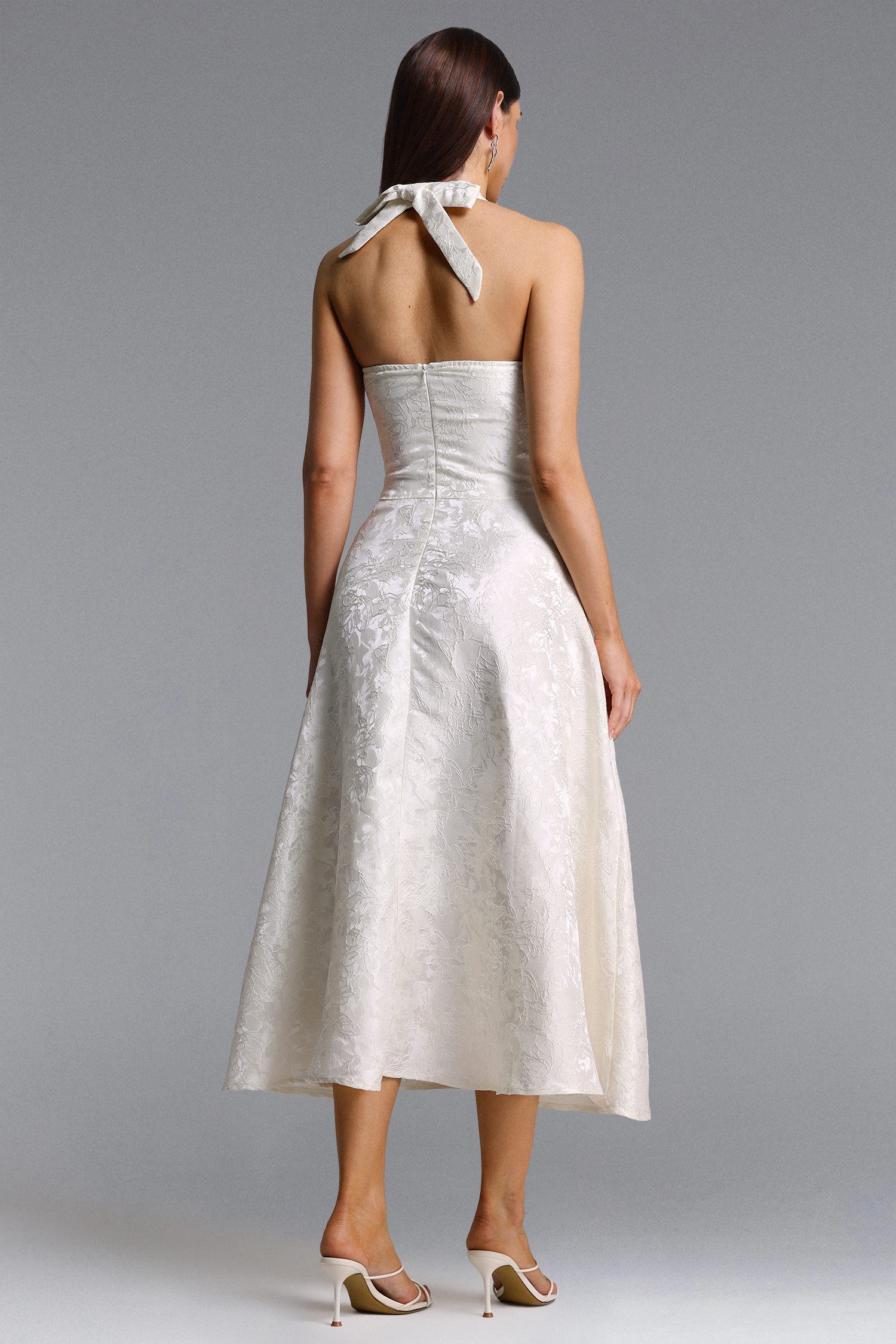 Egbert Elegant Tailored Halter V Neck Jacquard Maxi Dress