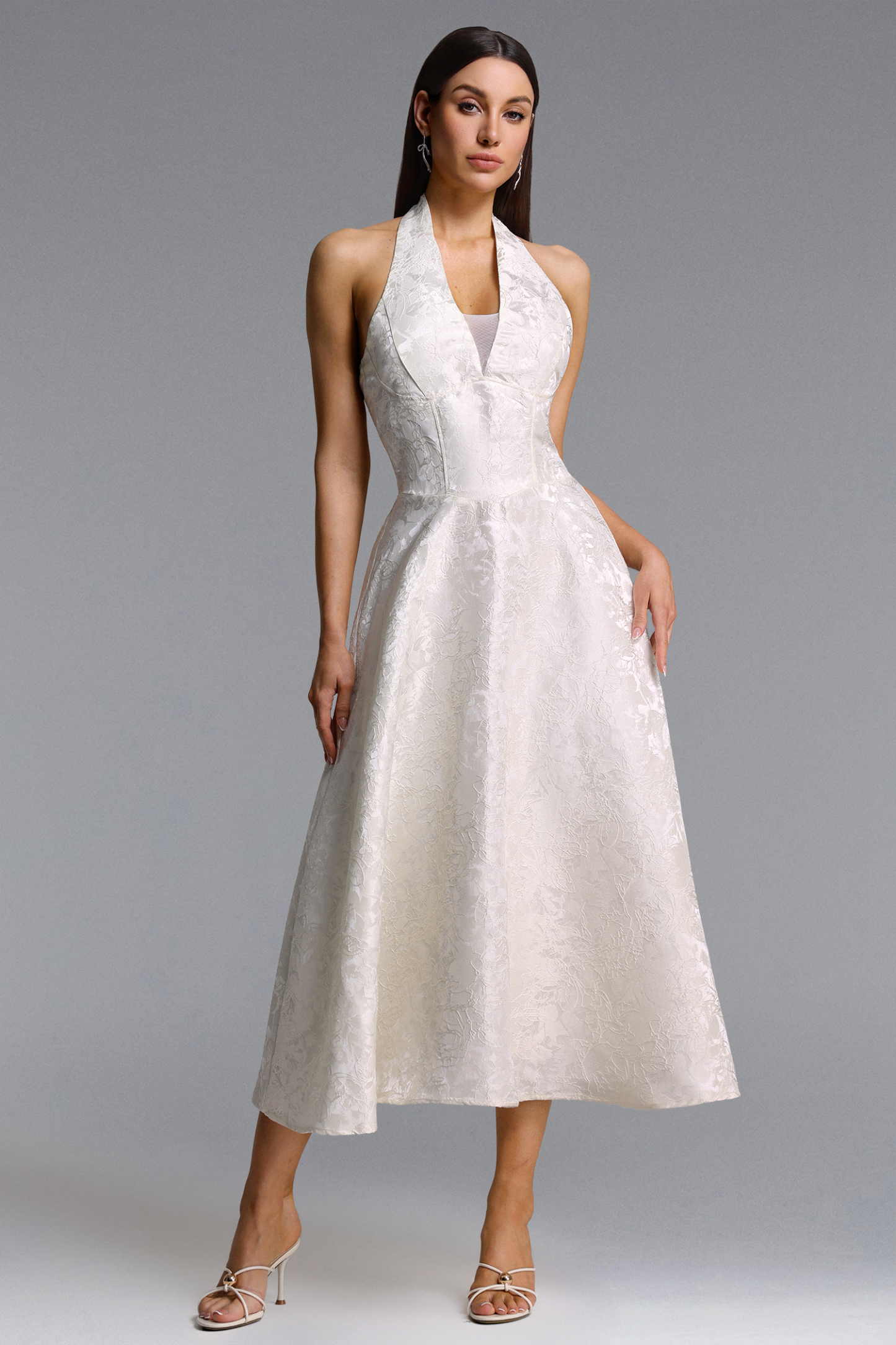 Egbert Elegant Tailored Halter V Neck Jacquard Maxi Dress