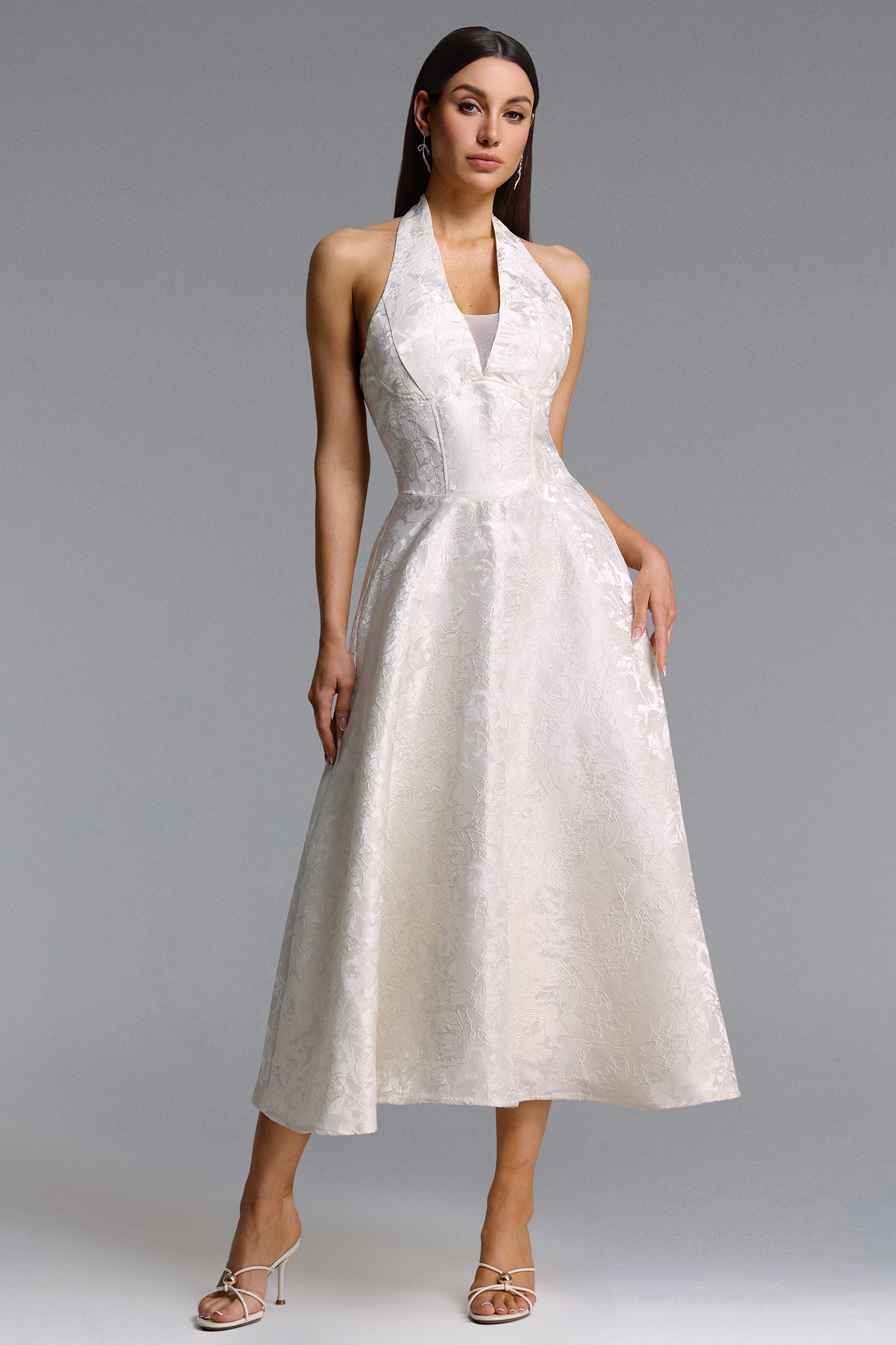 Egbert Elegant Tailored Halter V Neck Jacquard Maxi Dress