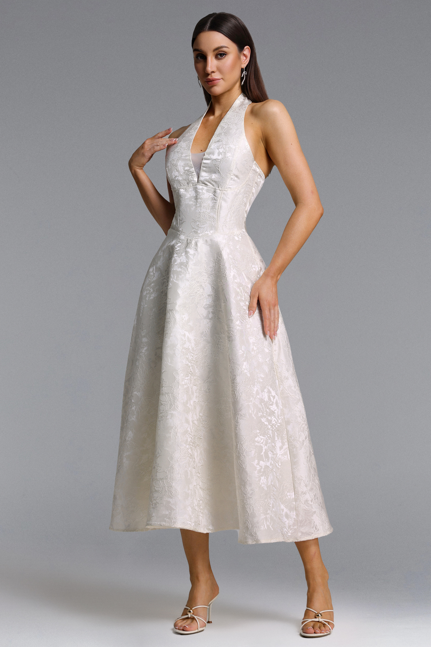 Egbert Elegant Tailored Halter V Neck Jacquard Maxi Dress