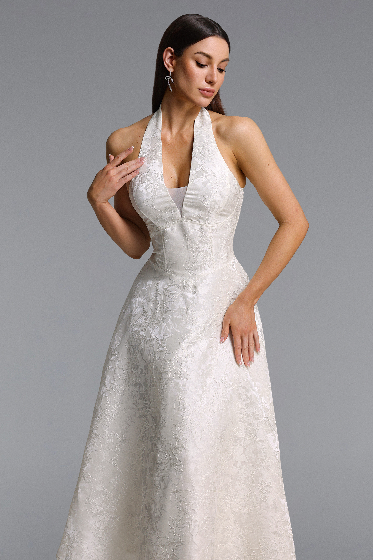 Egbert Elegant Tailored Halter V Neck Jacquard Maxi Dress