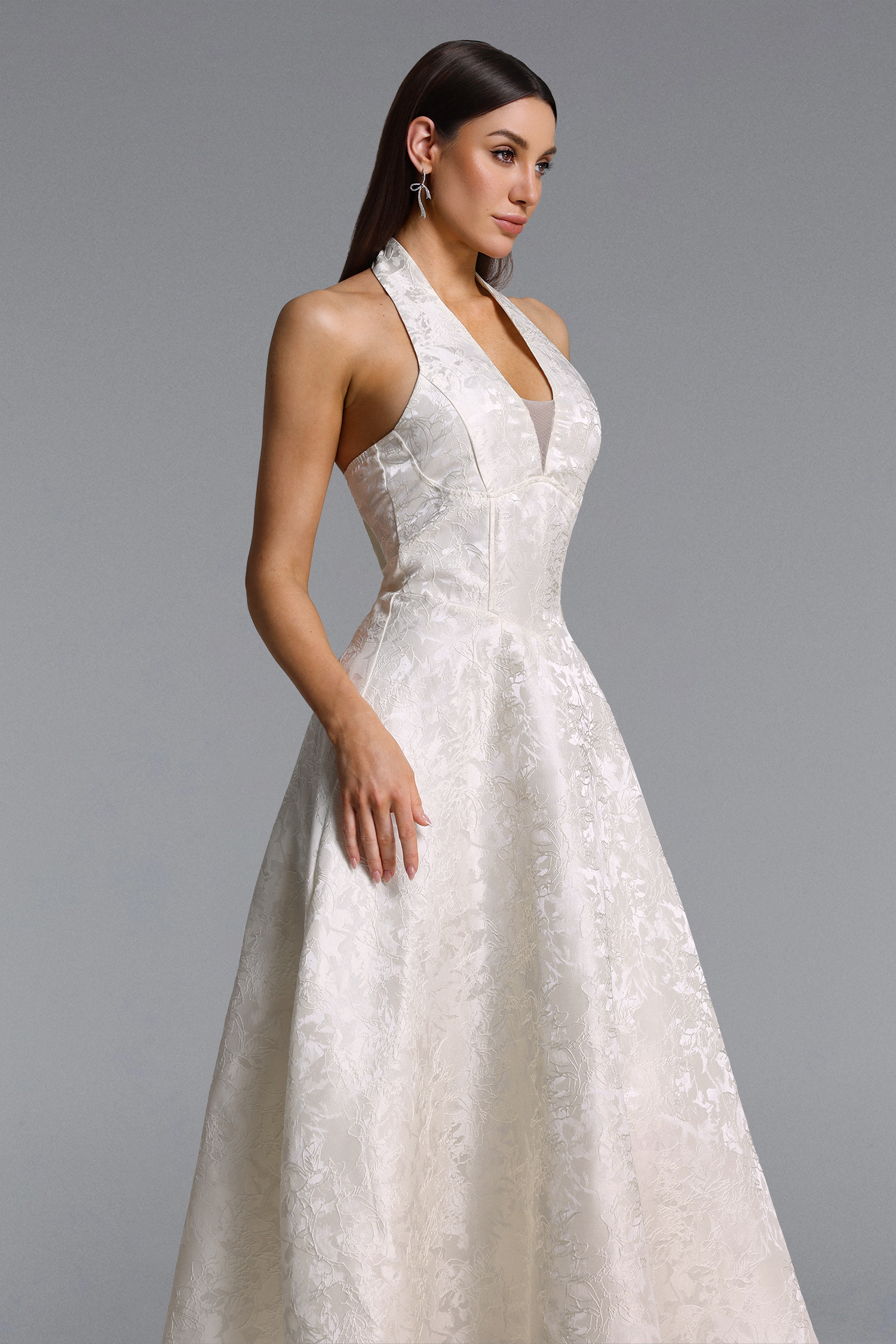 Egbert Elegant Tailored Halter V Neck Jacquard Maxi Dress