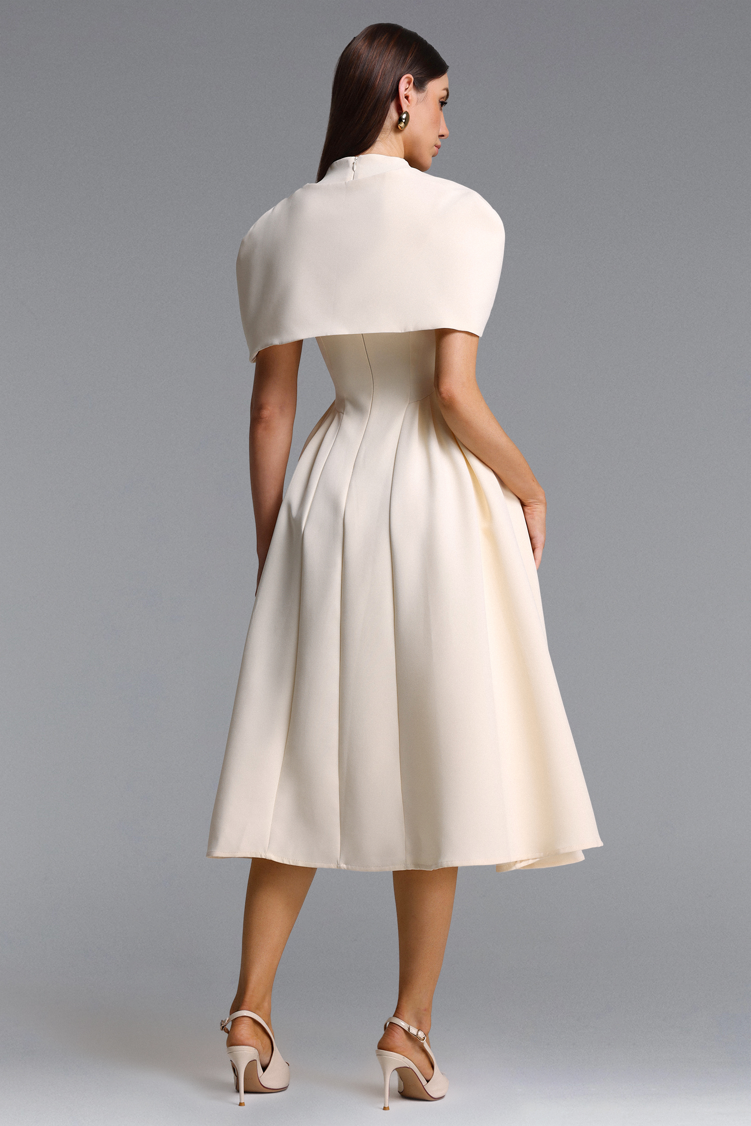 Nunna Classic Tailored V Neck Cape Pleated Woven Maxi Dress