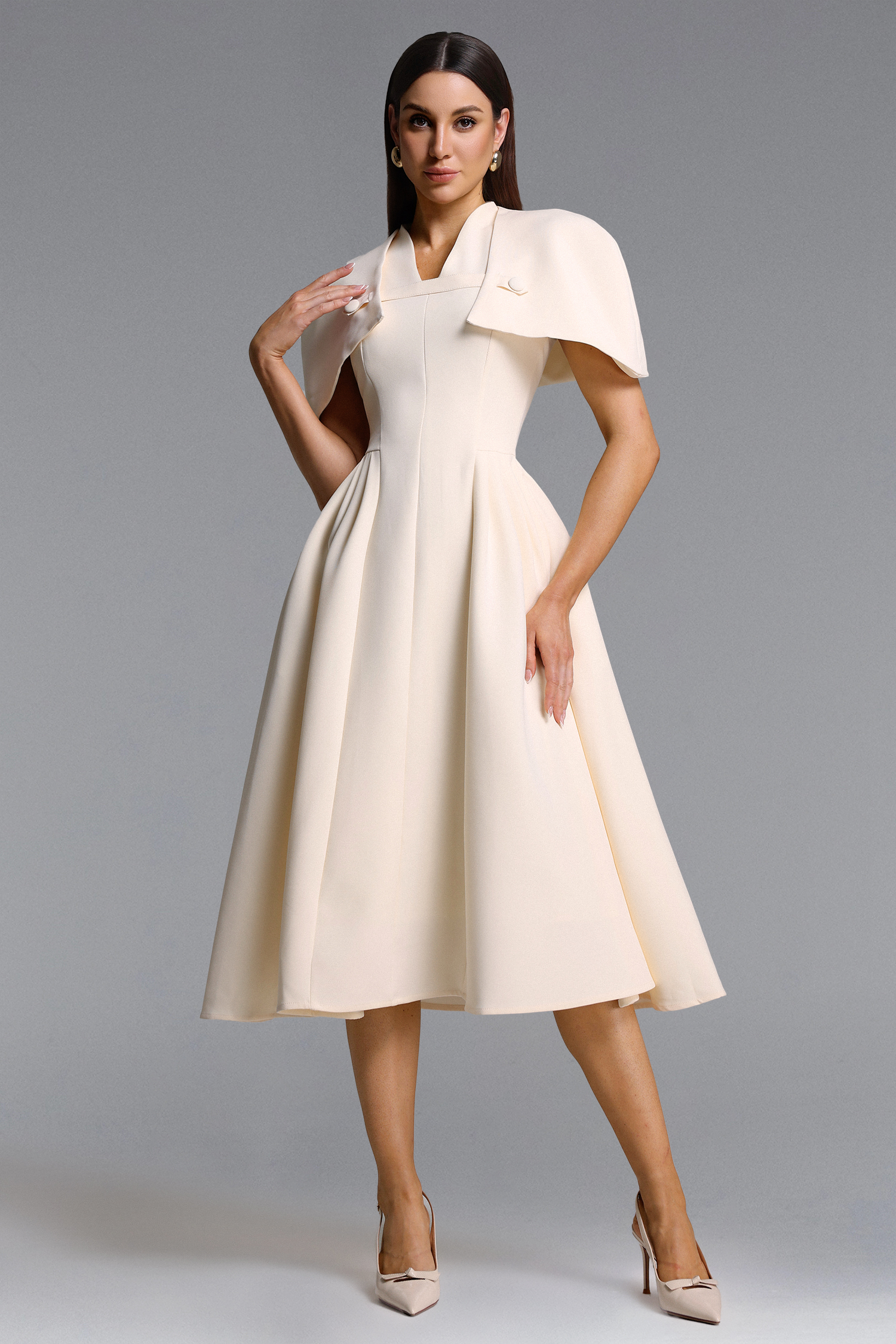 Nunna Classic Tailored V Neck Cape Pleated Woven Maxi Dress