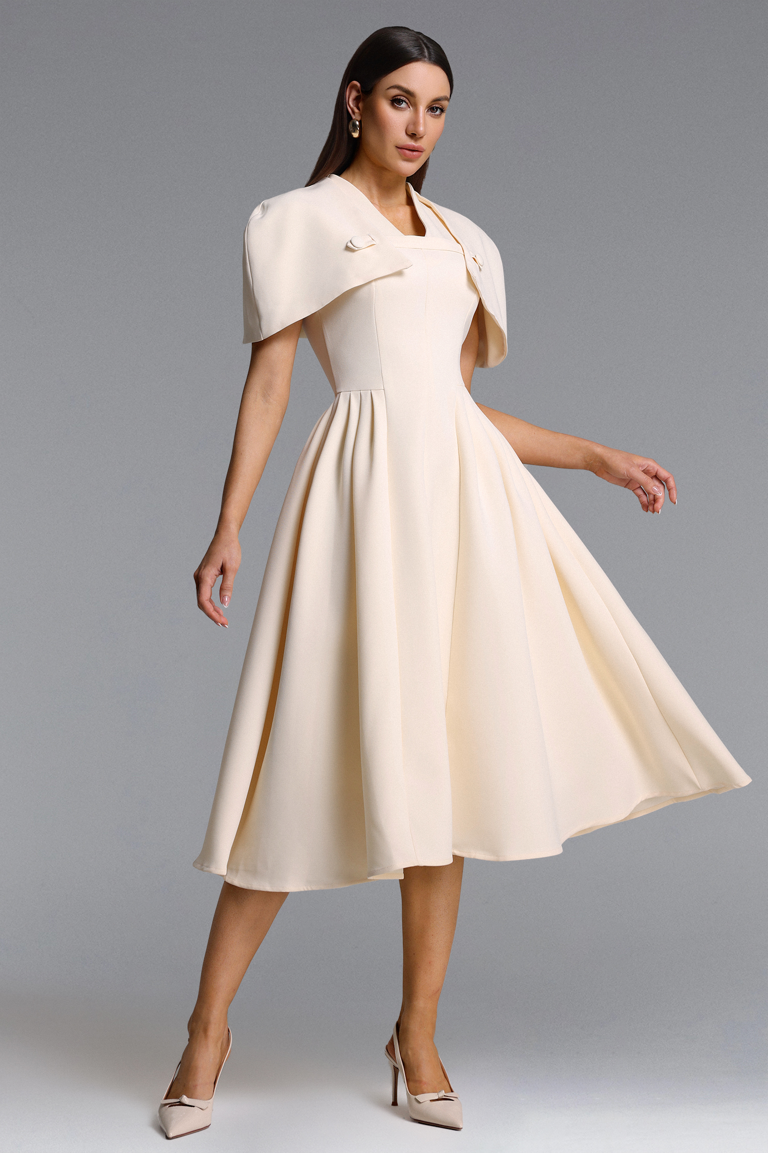 Nunna Classic Tailored V Neck Cape Pleated Woven Maxi Dress