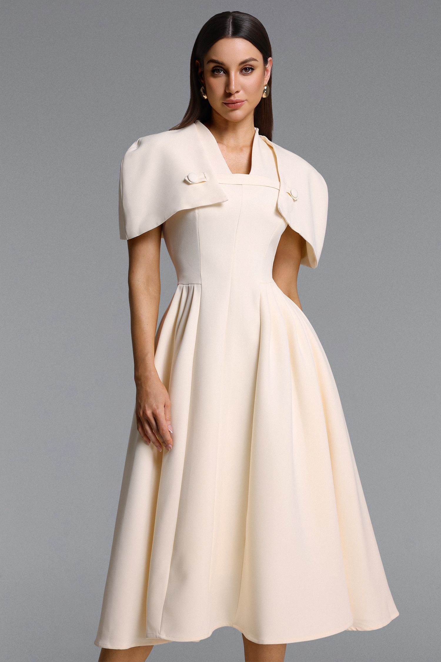 Nunna Classic Tailored V Neck Cape Pleated Woven Maxi Dress