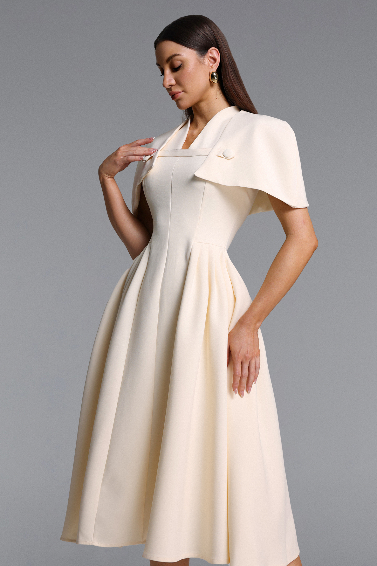 Nunna Classic Tailored V Neck Cape Pleated Woven Maxi Dress