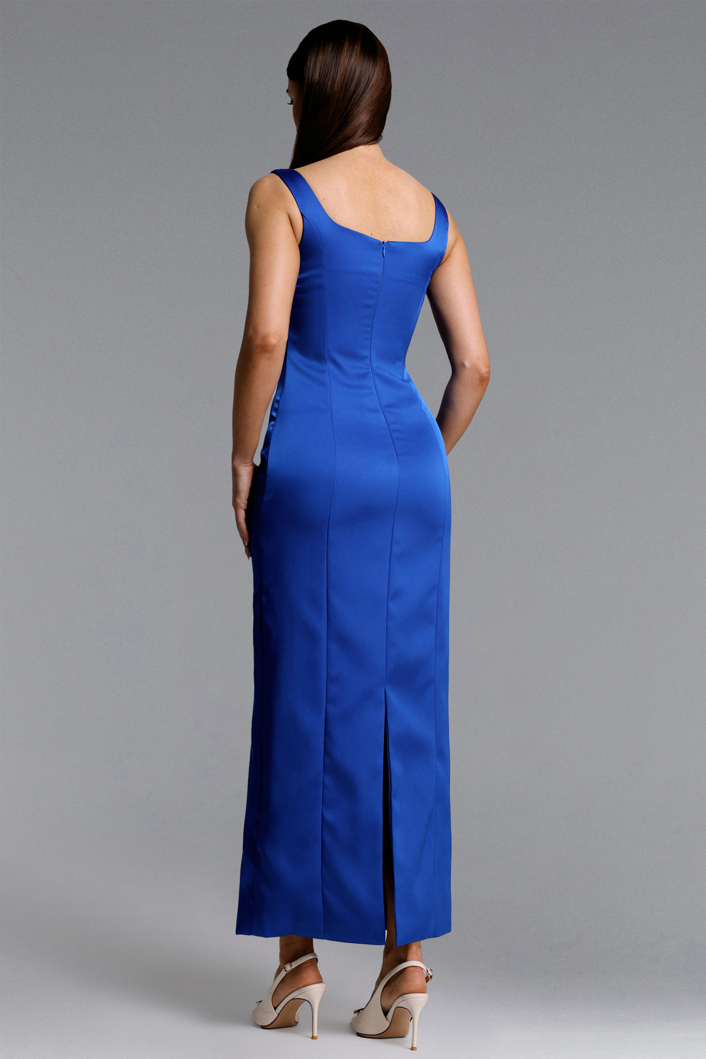 Mallen Romantic Contour Sleeveless Square Neck Floral Appique Blue Maxi Dress