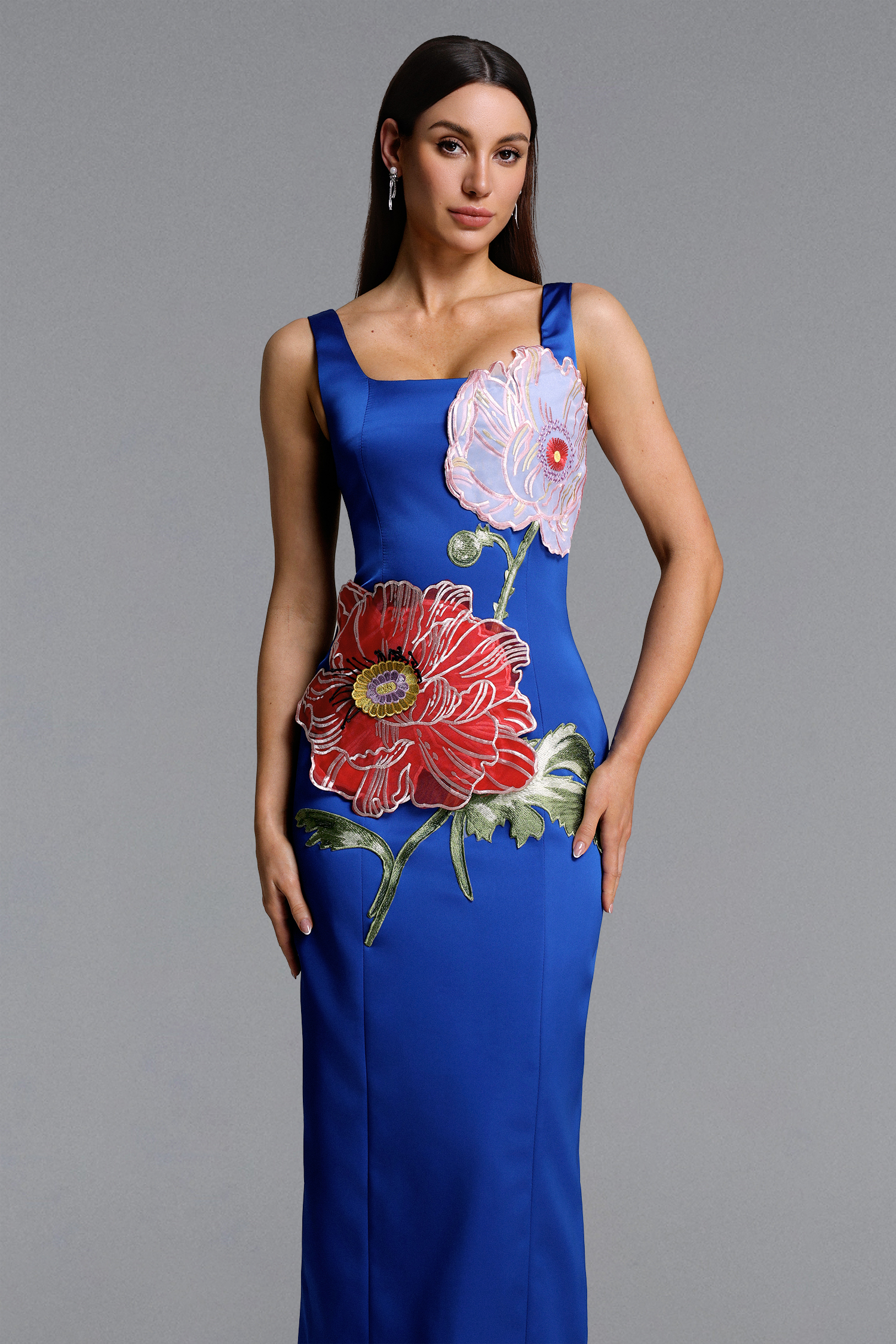 Mallen Romantic Contour Sleeveless Square Neck Floral Appique Blue Maxi Dress
