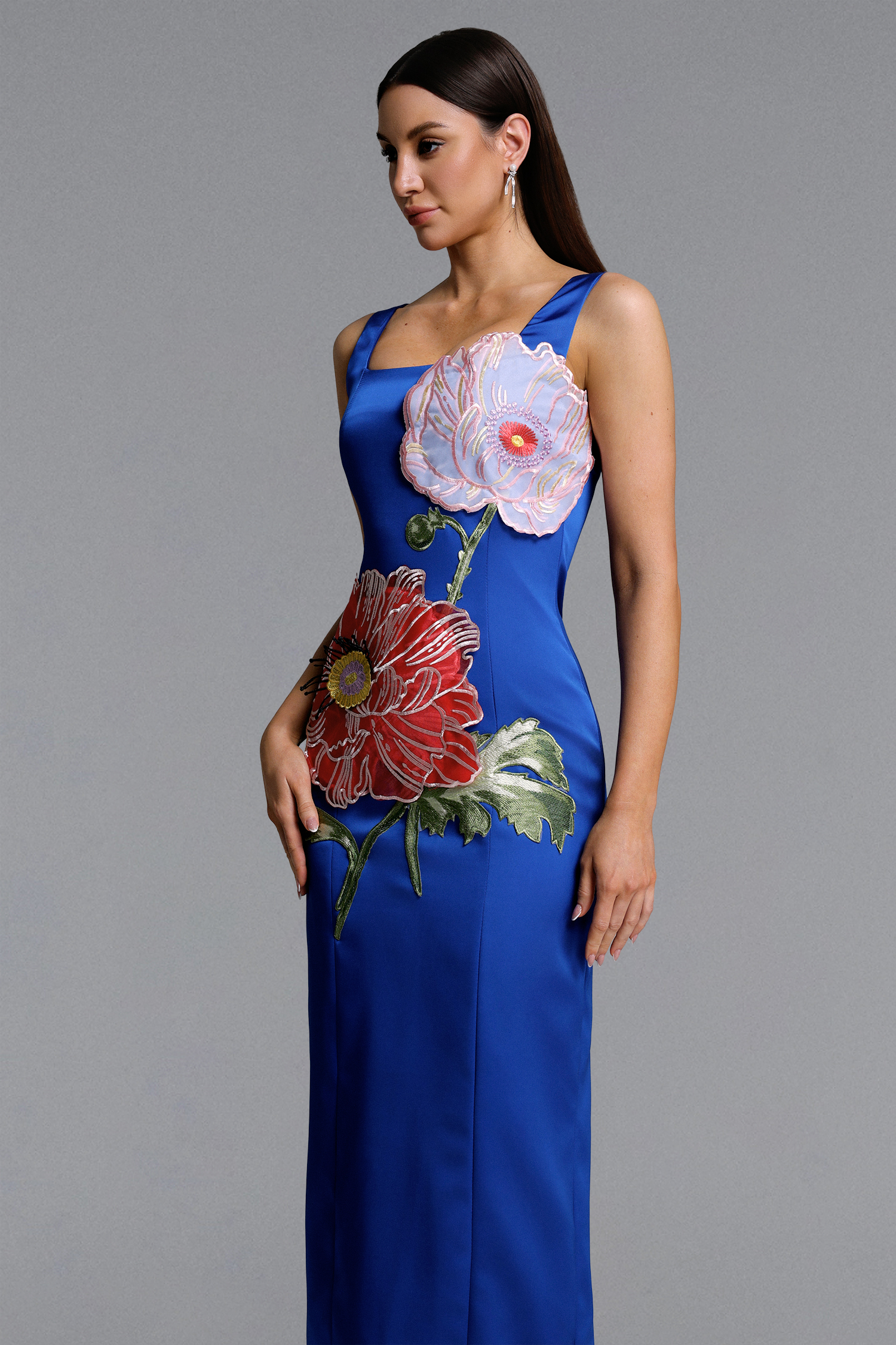 Mallen Romantic Contour Sleeveless Square Neck Floral Appique Blue Maxi Dress