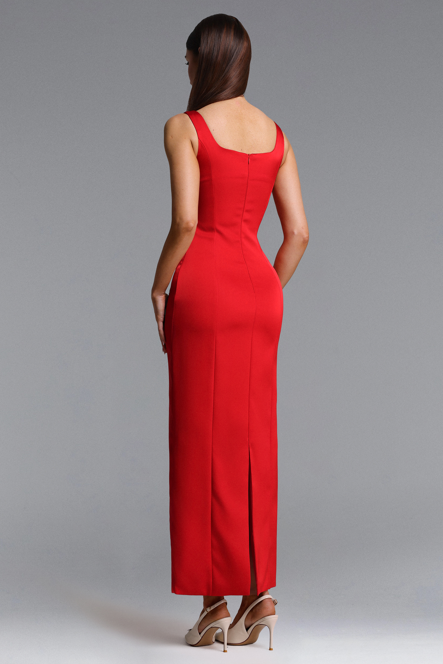 Mallen Romantic Contour Sleeveless Square Neck Floral Appique Red Maxi Dress