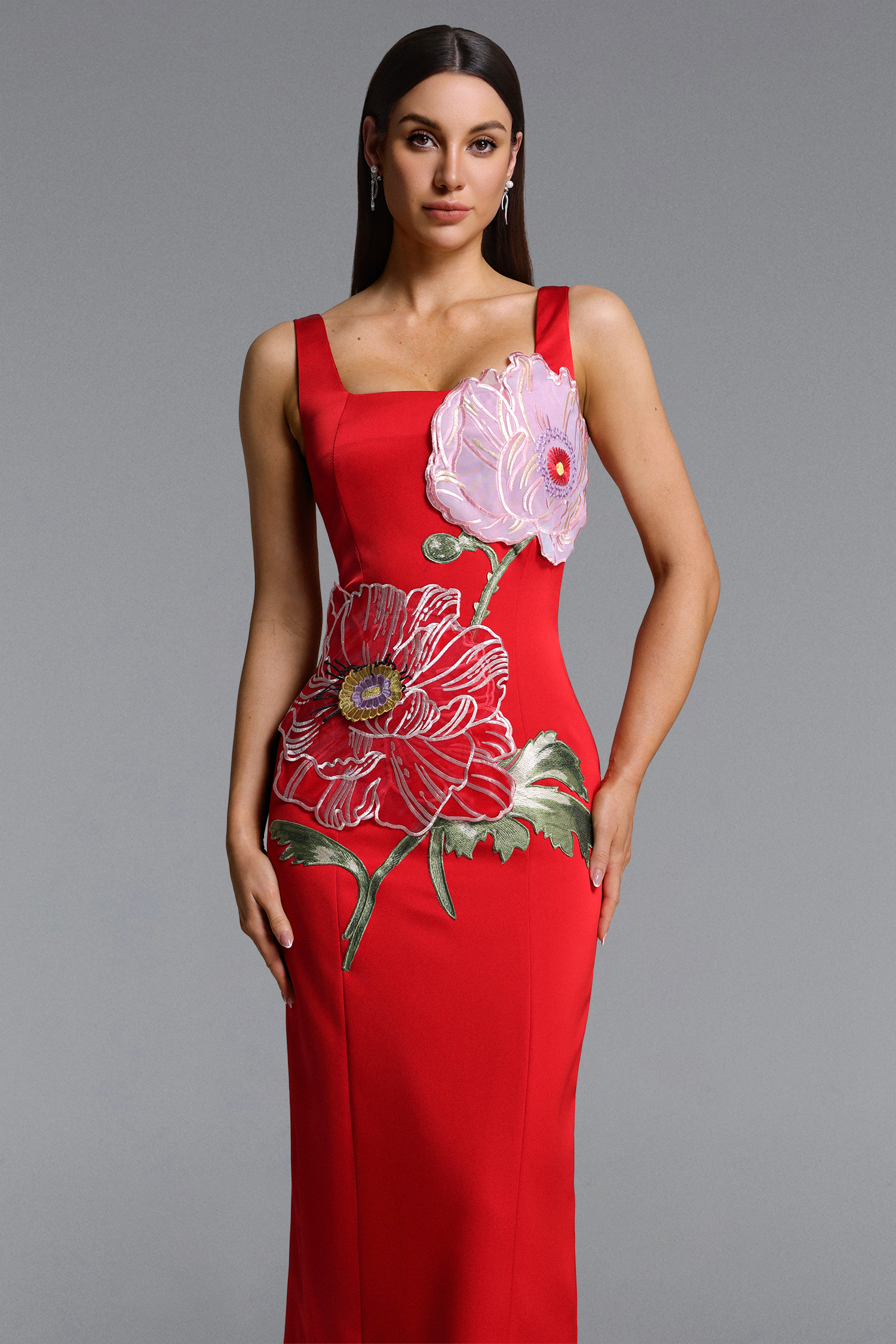 Mallen Romantic Contour Sleeveless Square Neck Floral Appique Red Maxi Dress
