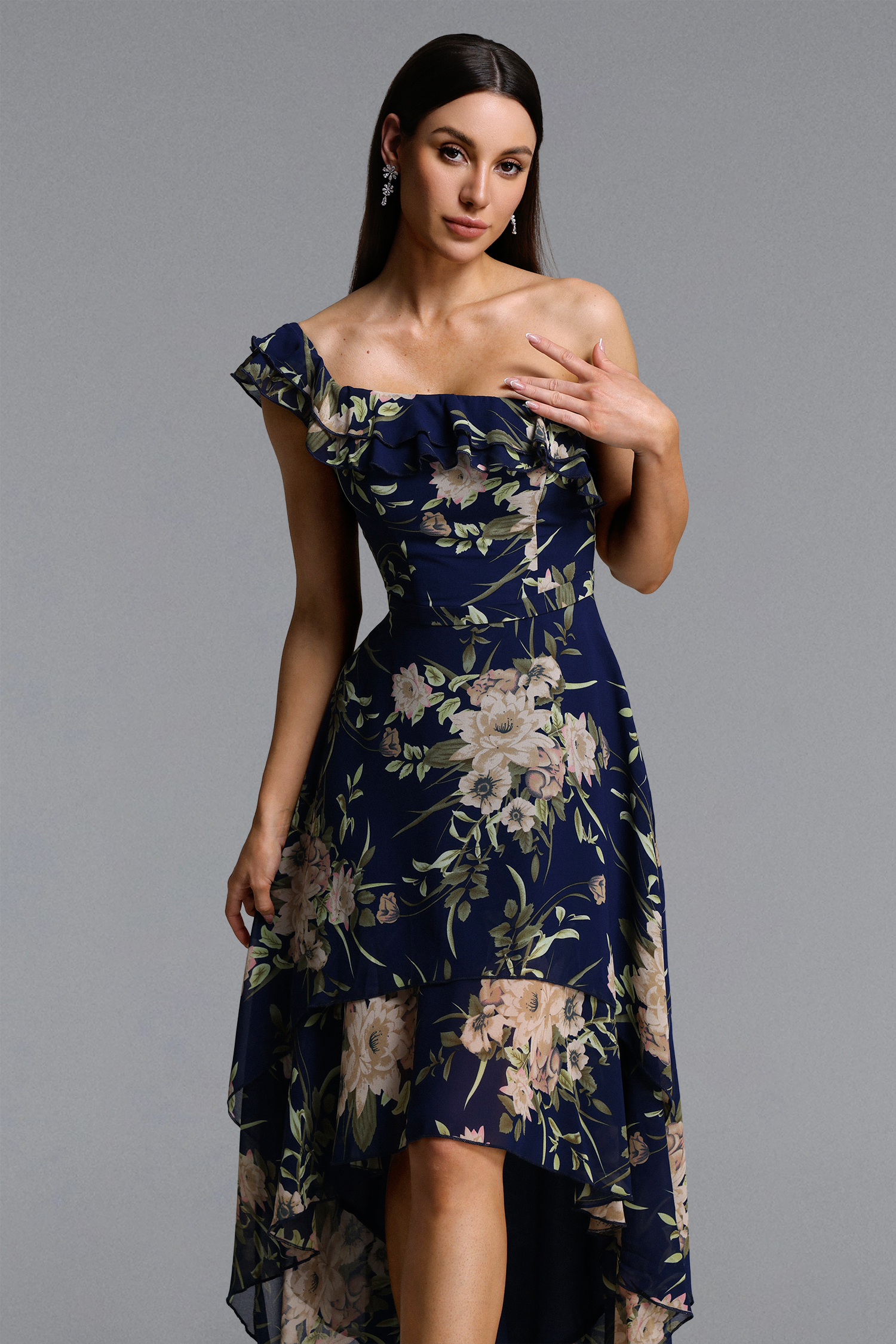 Vienna Elegant Flowy Off Shoulder Floral Print Maxi Dress