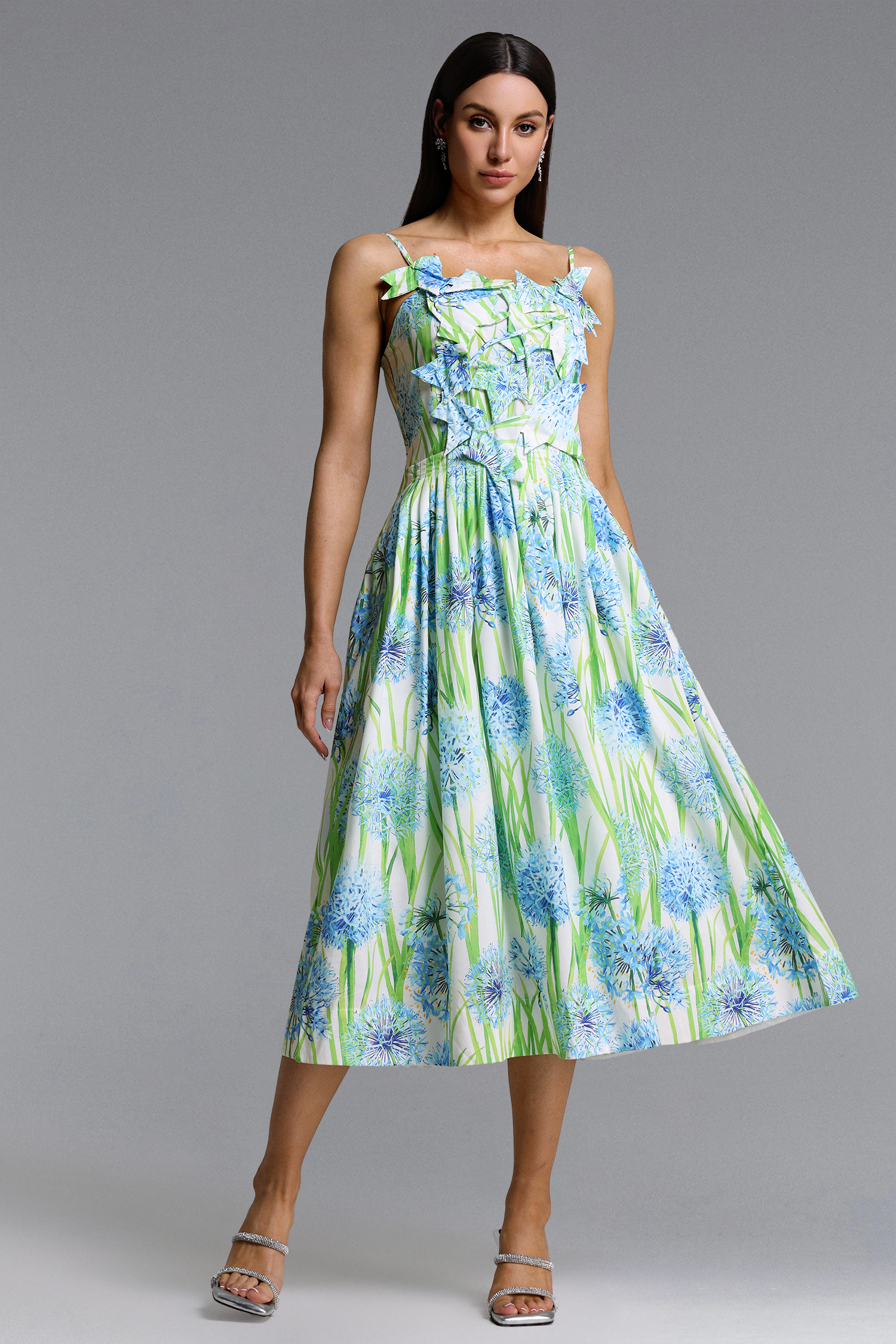 Zada Elegant Romantic Floral Print Pleated Maxi Dress