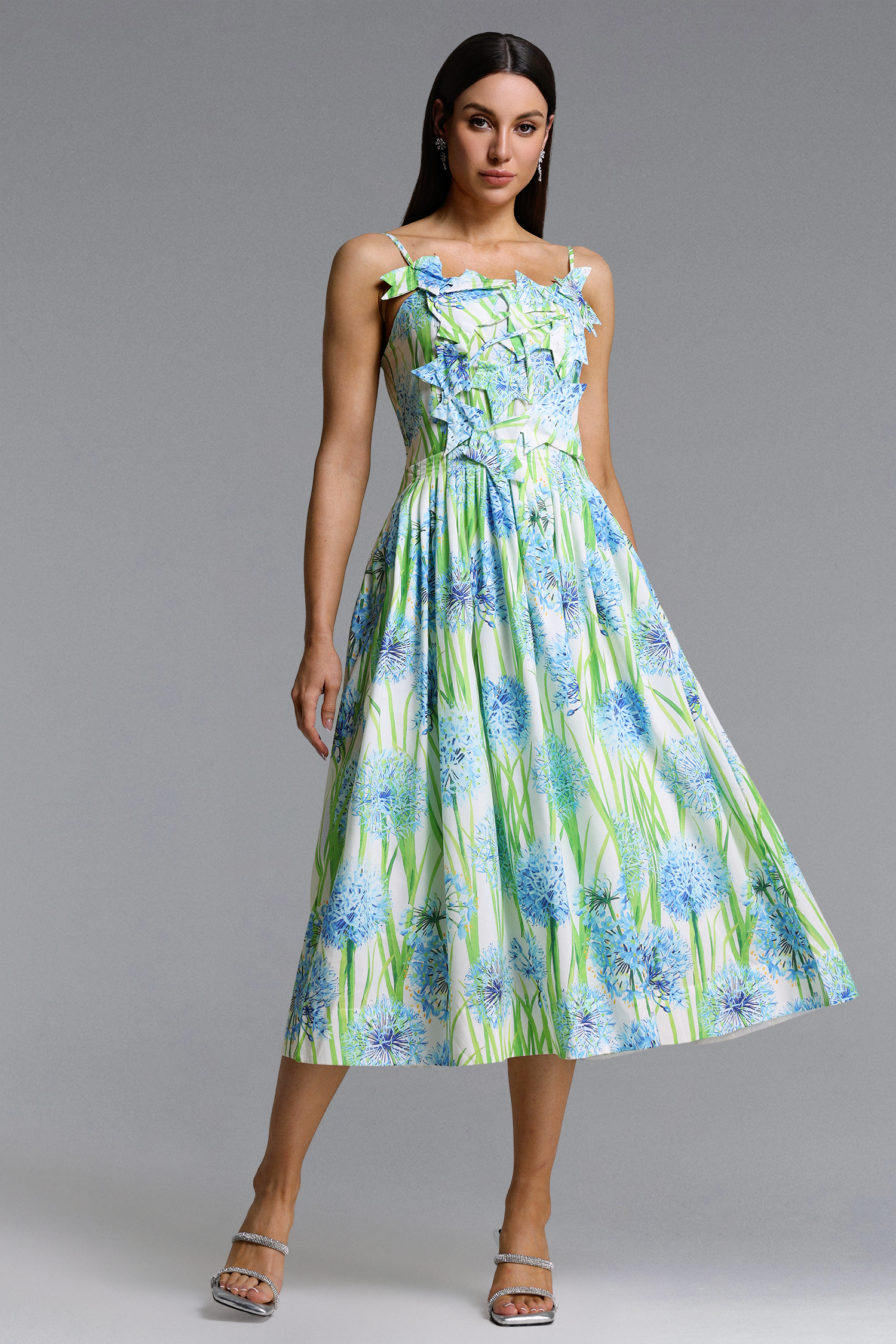 Zada Elegant Romantic Floral Print Pleated Maxi Dress