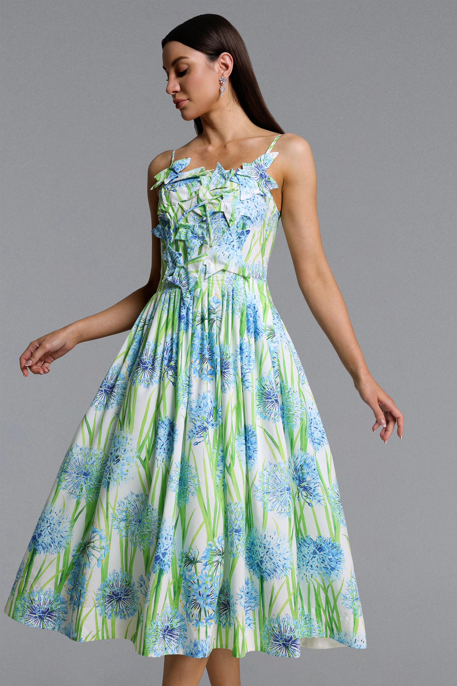 Zada Elegant Romantic Floral Print Pleated Maxi Dress