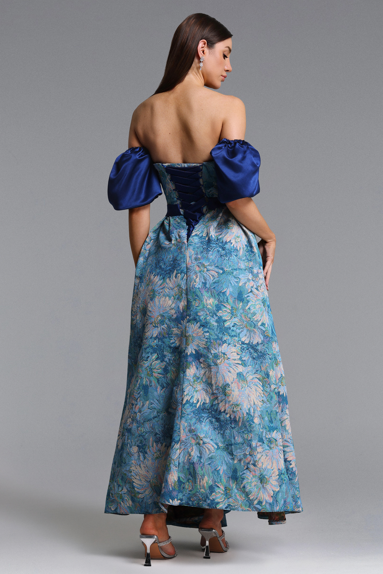 Rikiny Elegant Tailored Puff Sleeve Floral Print Maxi Dress