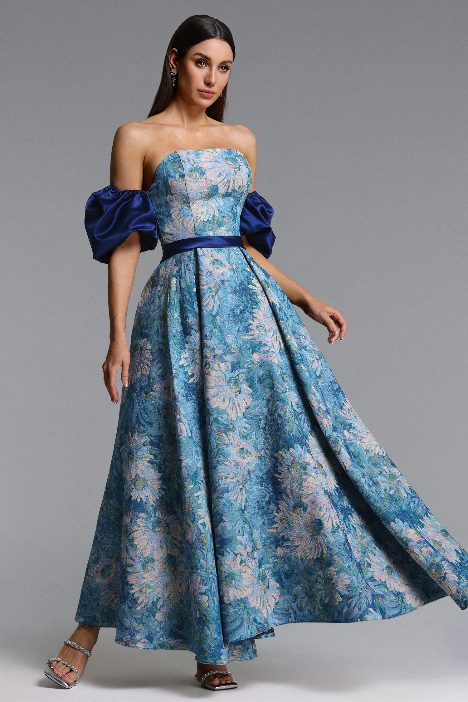 Rikiny Elegant Tailored Puff Sleeve Floral Print Maxi Dress