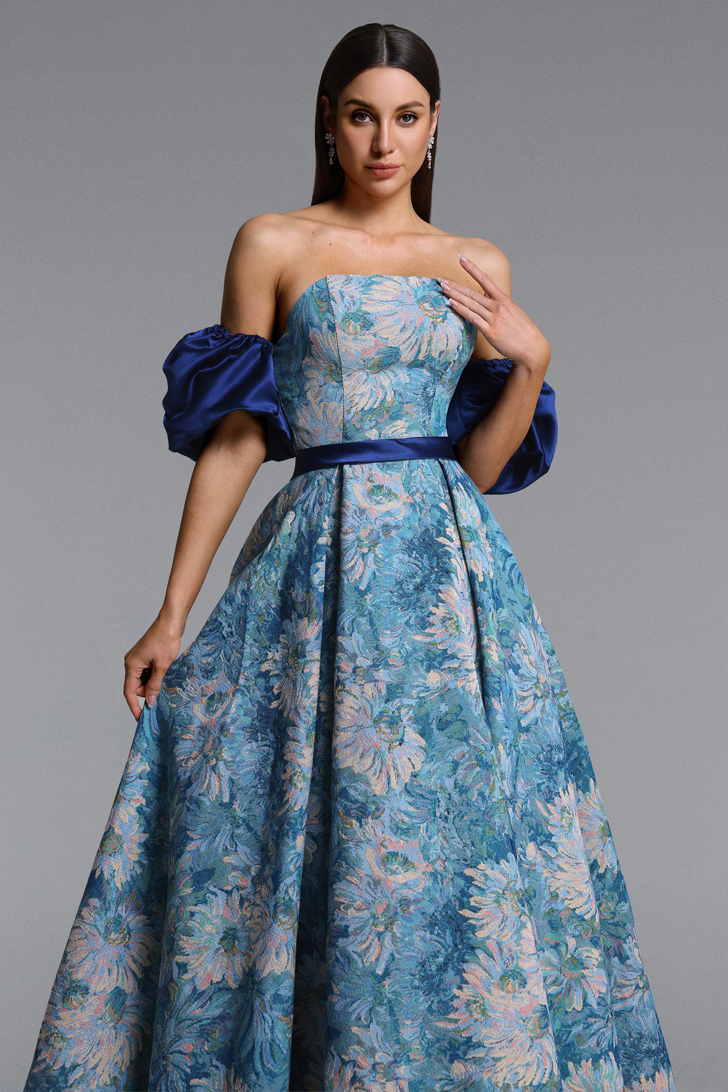 Rikiny Elegant Tailored Puff Sleeve Floral Print Maxi Dress