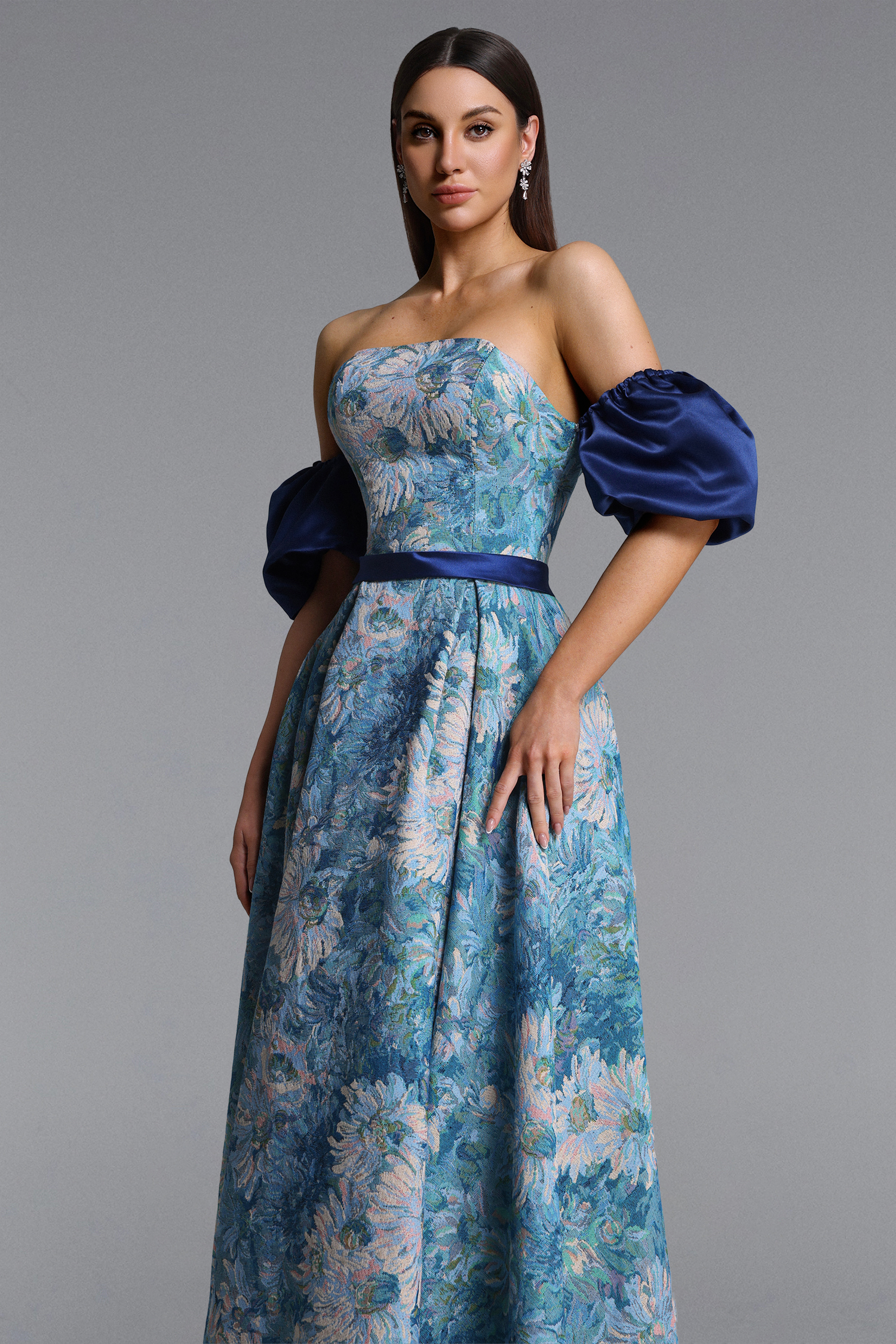 Rikiny Elegant Tailored Puff Sleeve Floral Print Maxi Dress