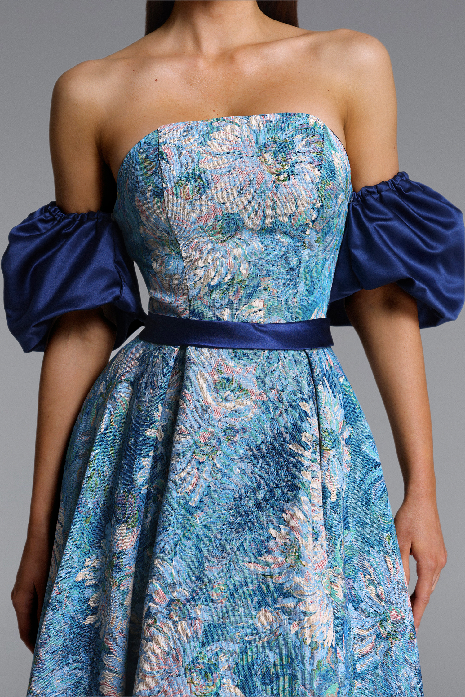 Rikiny Elegant Tailored Puff Sleeve Floral Print Maxi Dress