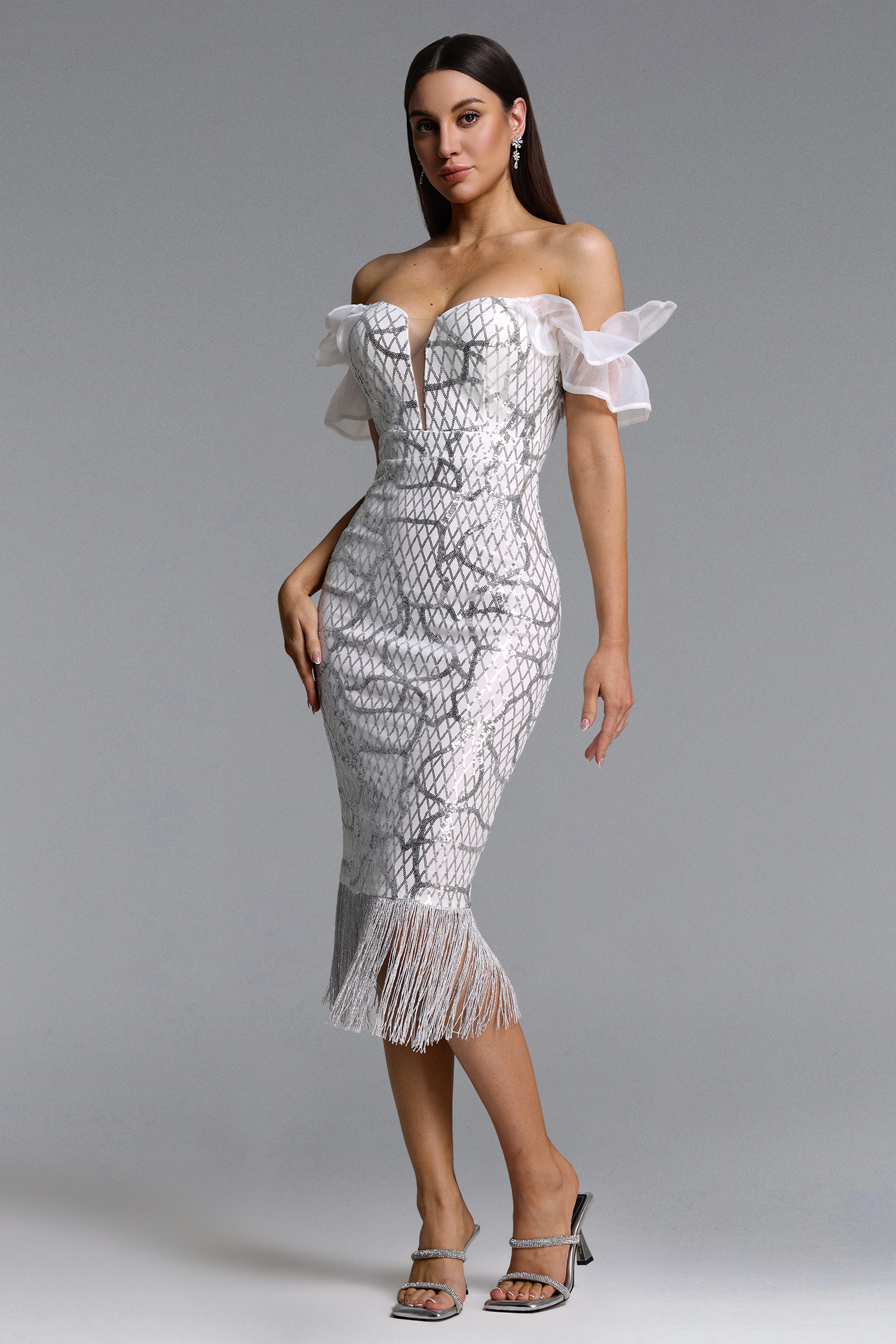 Loyisa Chic Contour Off Shoulder Sequin Fringe Midi Dress