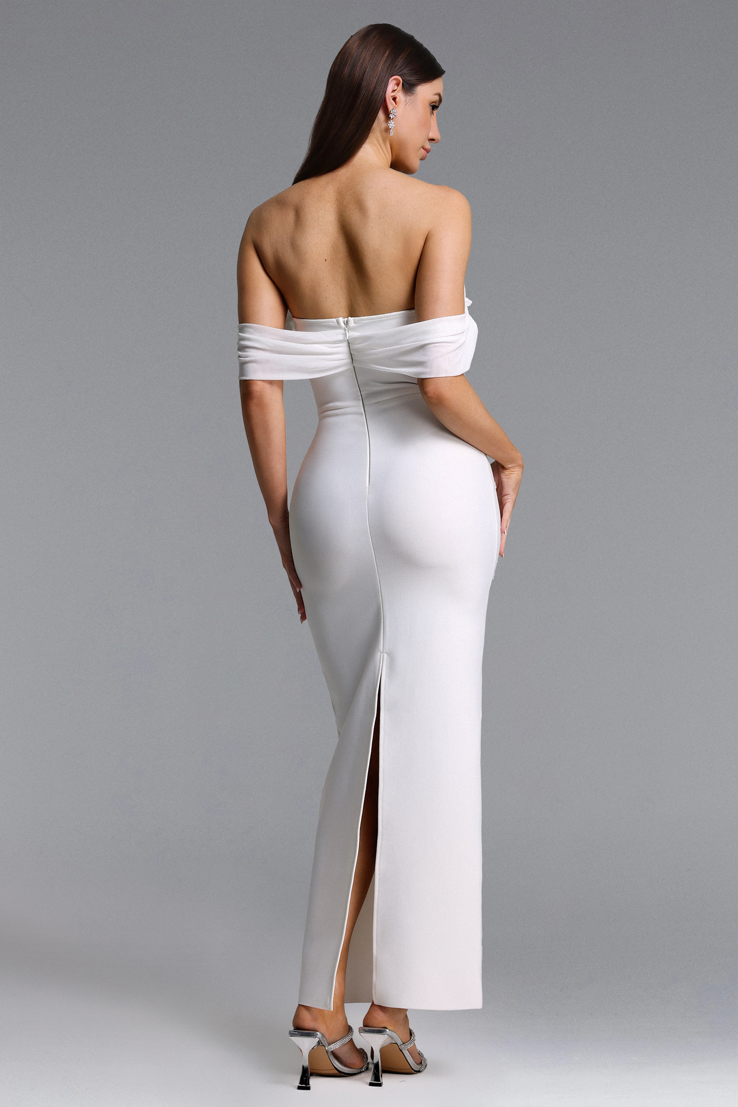 Querida Elegant Contour Off Shoulder Rhinestone Maxi Dress